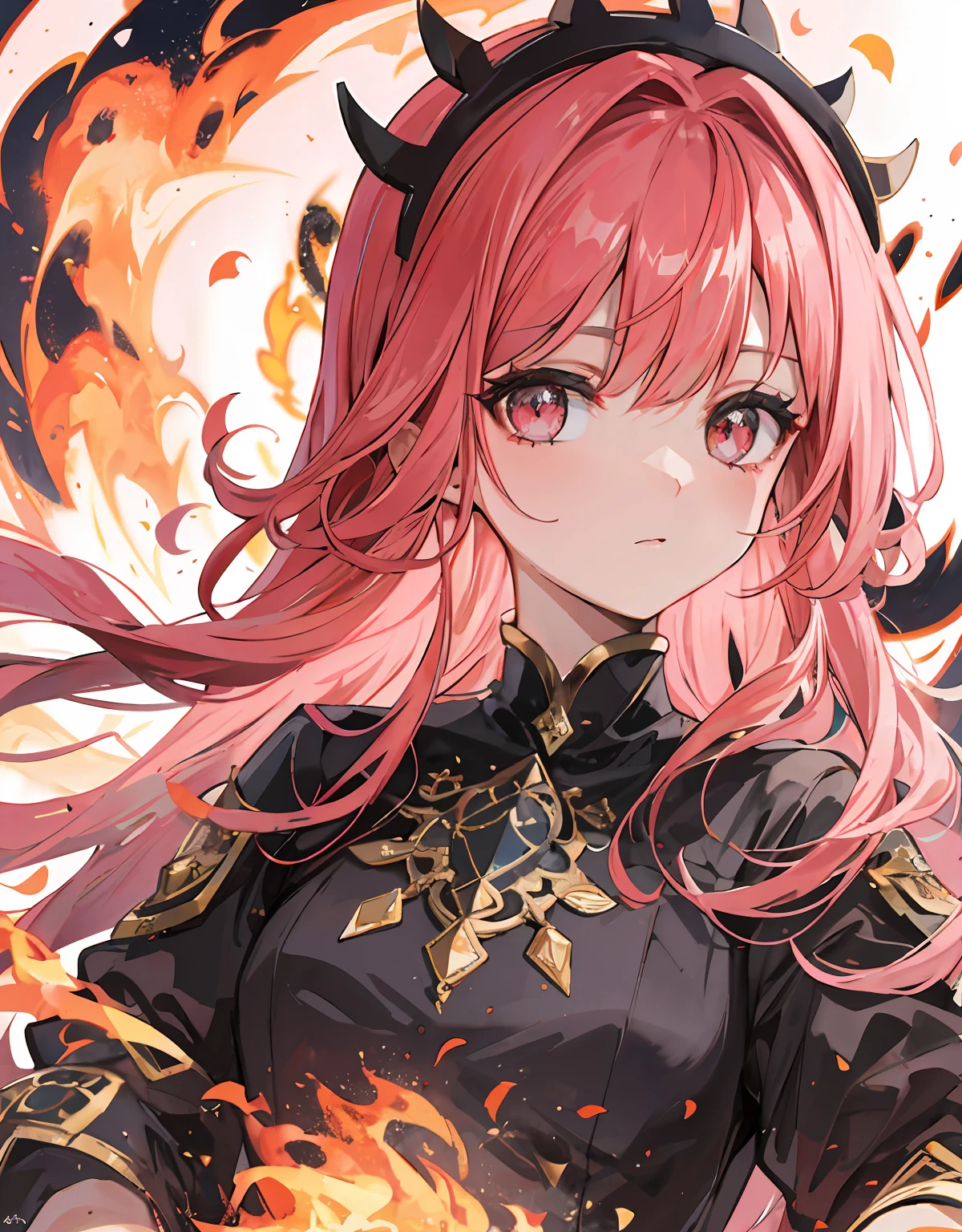 Garota de fogo, olhos rosa brilhante, cabelo rosa longo e ondulado com chamas, roupas pretas, several flames around