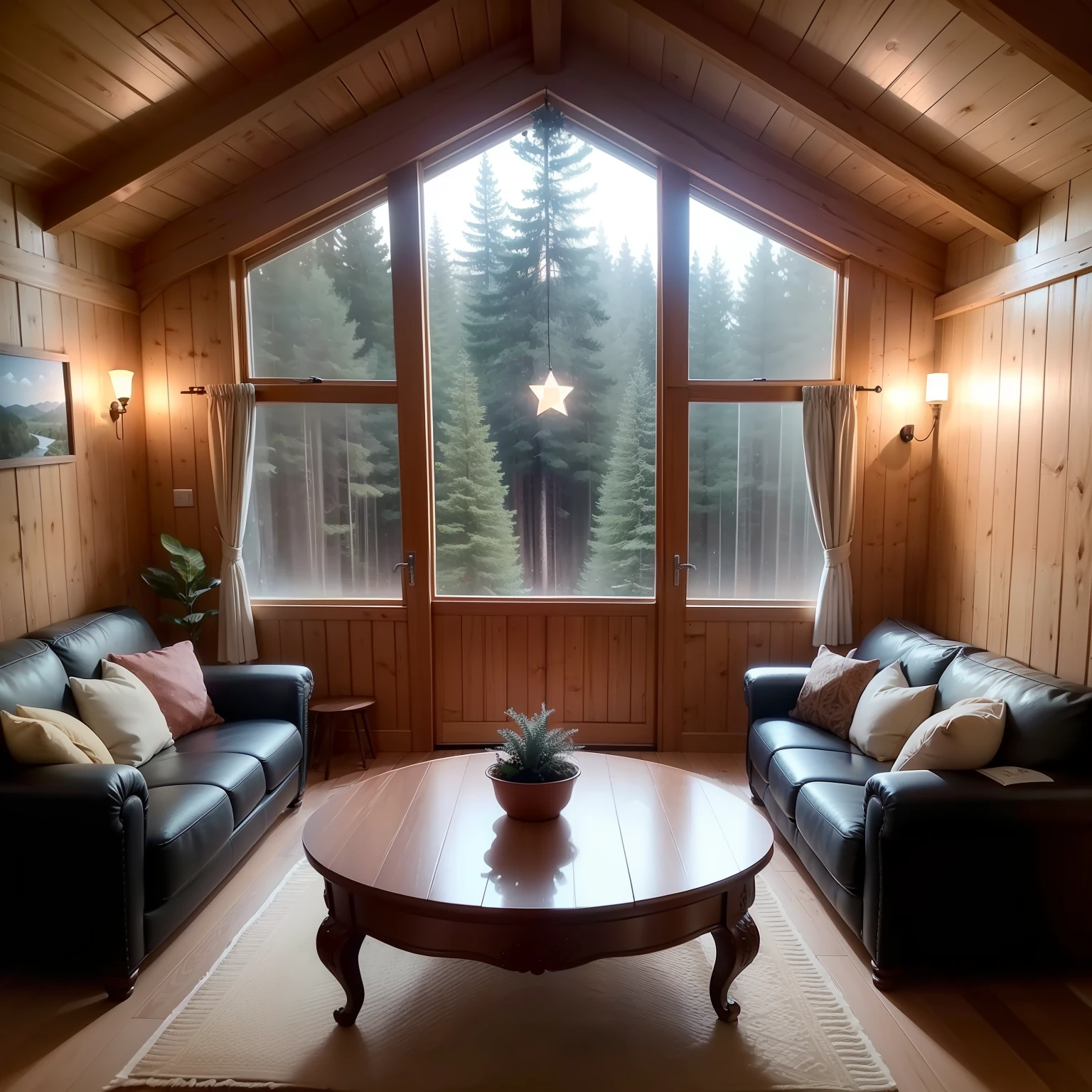 Interior of a chalet, com o teto bem inclinado em forma triangular, forro de madeira, cozy décor, leather sofa, duas poltronas, tapete, mesinhas de madeira e velas espalhadas no ambiente, lareira acesa, cup of coffee on the table, noite, window overlooking a forest with a sky full of stars