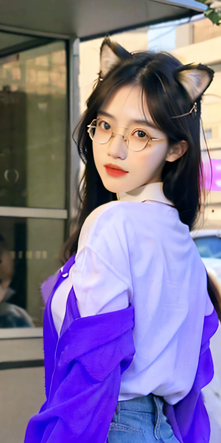 tmasterpiece，Best quality at best，cat ear，Tiger Tooth，Foxtail，The face is pure and cute（Facial tattoos：2），Sexy and enchanting，Manhwa Style，Purple eye，the street，dingdall effect，huge tit， Highly detailed facial and skin texture, A detailed eye, 二重まぶた，Whiten skin，Cocked buttocks，wears glasses