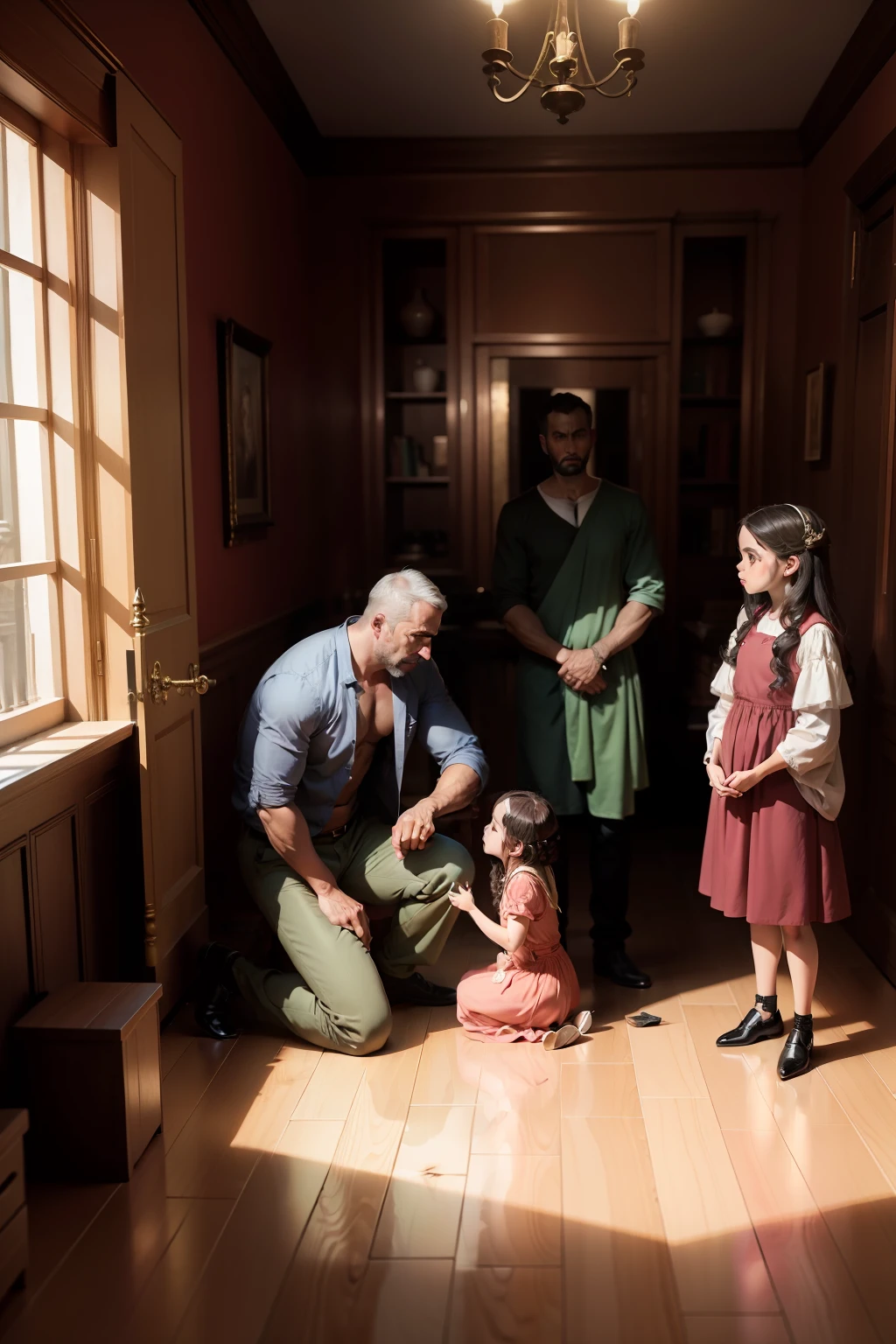 Scene of Job with his family and riches, representing his prosperous life, com roupas dos tempos biblicos e em tendas