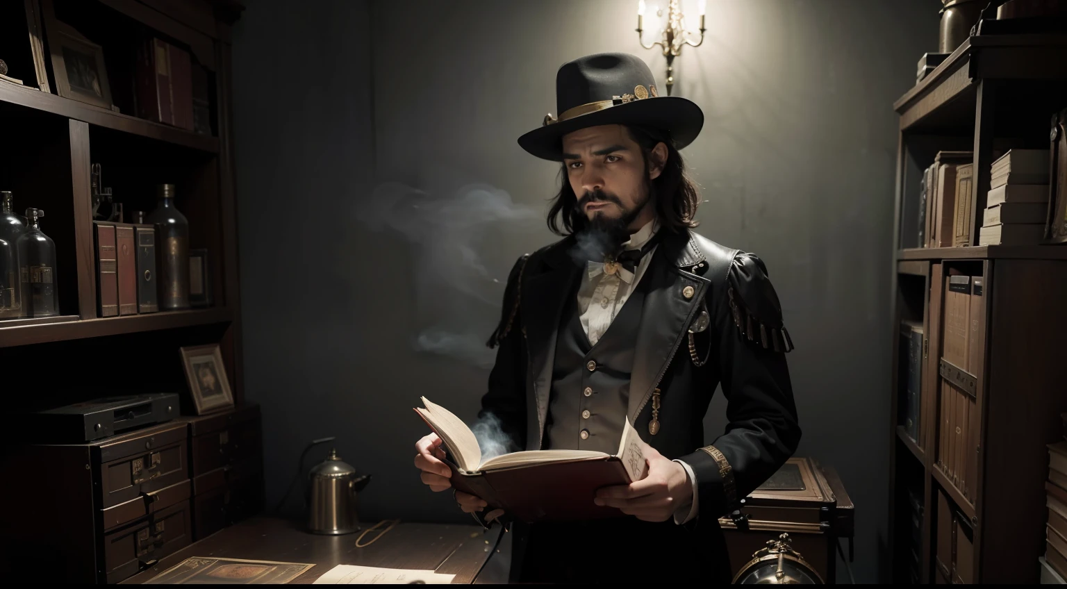 steampunk um homem de barba preta, estilo londrino roupas antigas , in a steampunk style hat, relogio antigo e metal, lendo um velho livro, in a scene full of elements of scientific study old machines, sala antiga, Smoke and dust permeate the room in an old room with crazy medical equipment, place full of smoke, luz da lua entrando pela janela,horror requintado ,medo, Inferno, abismo, Rugido do Diabo, Realismo, filmes, CG.