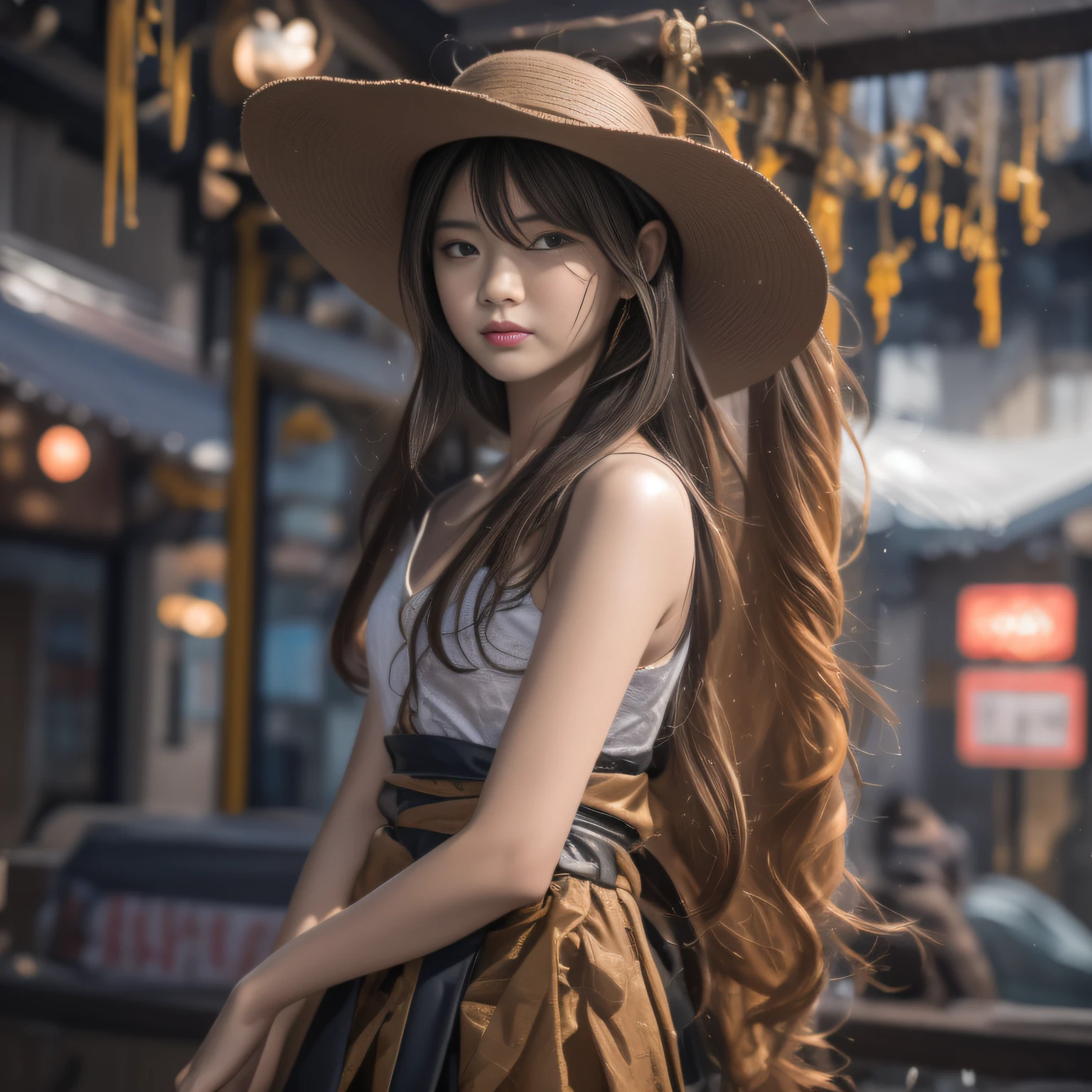 16k, RAW photo, Top quality，A half body，Lateral face，Look up at the perspective, Masterpiece（hyper HD）brunette color hair，15-year-old Hanfu girl，Uniform skirts，Crocodile leather boxing holster，Coarse linen cape，Soft lips，Glossy lips，The girl has fair and tender skin，Soft hair like slippery silk，Sparkling，Almost reluctant to look away。But you know，She wears a sun dress！Imagine that，She just wore a nightdress to go shopping in the bustling Sanlitun，One can't help but want to take a closer look。Take a closer look, desi，Her nightdress is quite fashionable，The skirt flutters in the wind，It's like adding a touch of energy to the whole street，[Wild anime] Hypnotic cool tsundere sister、An anime，Get your spot with cowgirls，Makes you tremble and vulgar，Lip zoom camera，head portrait，Head down and sleepy-eyed，looking at the viewer only"， best qualtiy， hyper HD， （realisticlying：1.4），， A high resolution， the detail， RAW photogr， Sharp Re， Nikon D850 Film Stock Photo by Jefferies Lee 4 Kodak Portra 400 Camera F1.6 shots, Rich colors, ultra-realistic vivid textures, Dramatic lighting, Unreal Engine Art Station Trend, cinestir 800，