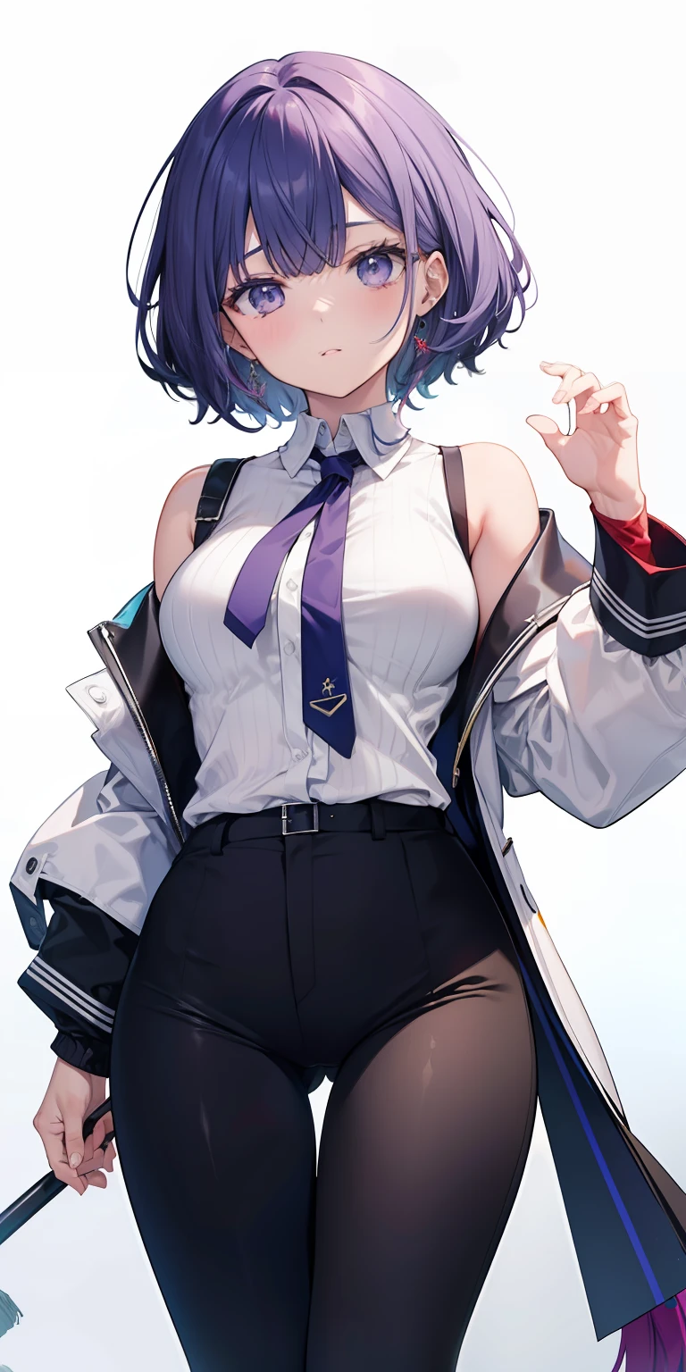 corpo bonito, rosto bonito, 3 garotas juntas, garota mais velha, cabelo roxo claro, olhos, Neck strap, ombros, CAMISA BRANCA COM GRAVATA, SAIA CURTA, half pants, peito grande, barriga, cintura fina, pernas grossas, coxa grossas, random background scenario, olhando para telespectador