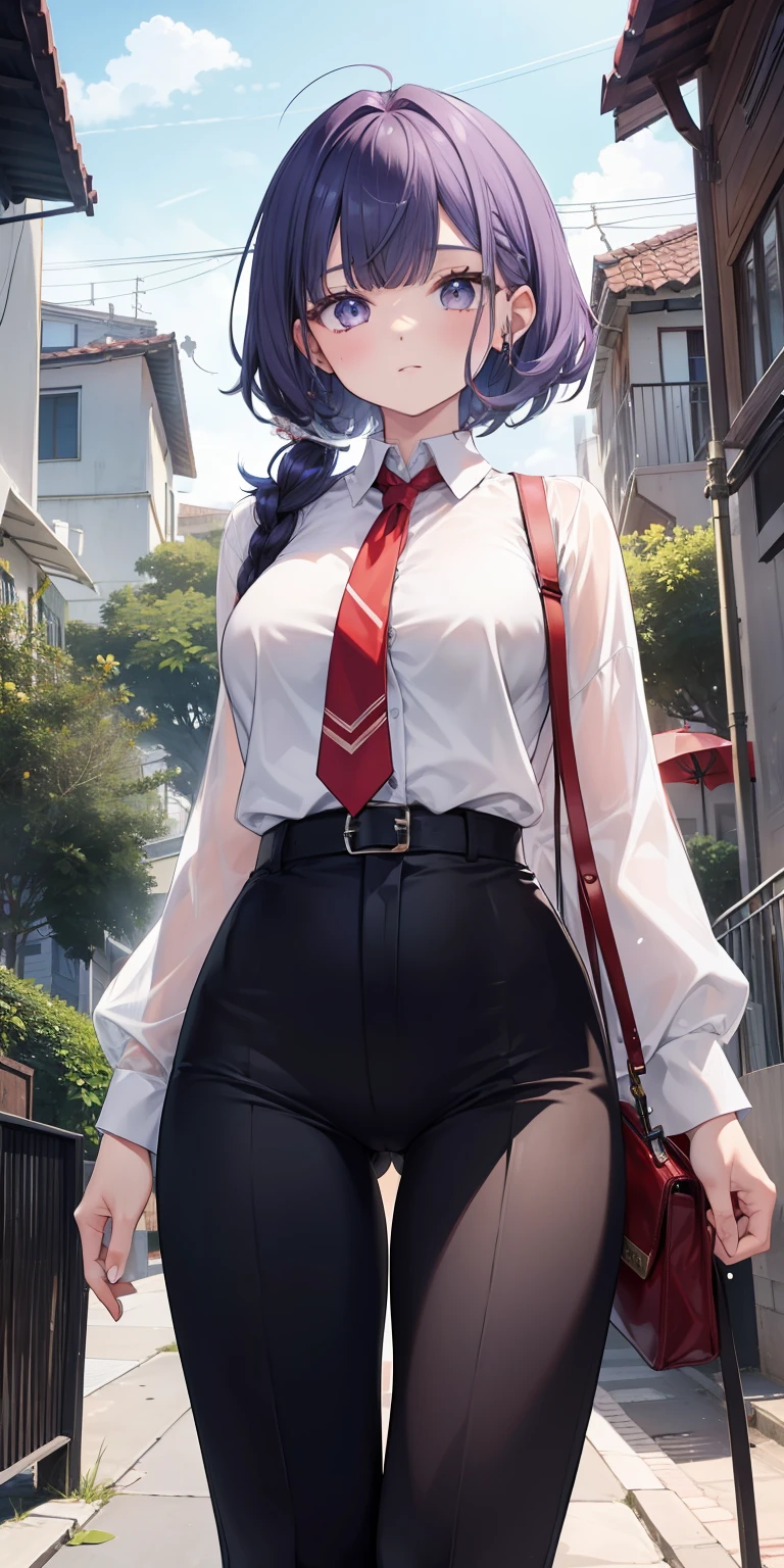 corpo bonito, rosto bonito, 3 garotas juntas, garota mais velha, cabelo roxo claro, olhos, Neck strap, ombros, CAMISA BRANCA COM GRAVATA, SAIA CURTA, half pants, peito grande, barriga, cintura fina, pernas grossas, coxa grossas, random background scenario, olhando para telespectador