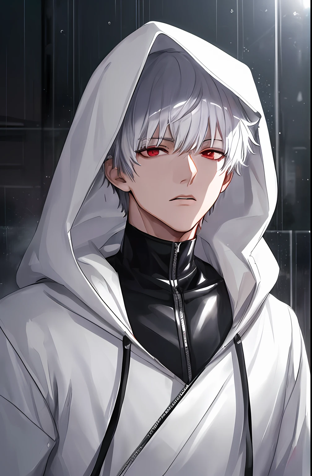 kk, best quality, more details, masterpiece, 1boy, kaneki ken, portrait, male focus, red eyes, solo, bangs, looking at viewer, hood, short hair, rain, tokyo tokyo \(city\), hood up, nail polish, white hair, luxurious, 8k, detailed, ray tracing, depth of field, cinematic lighting,