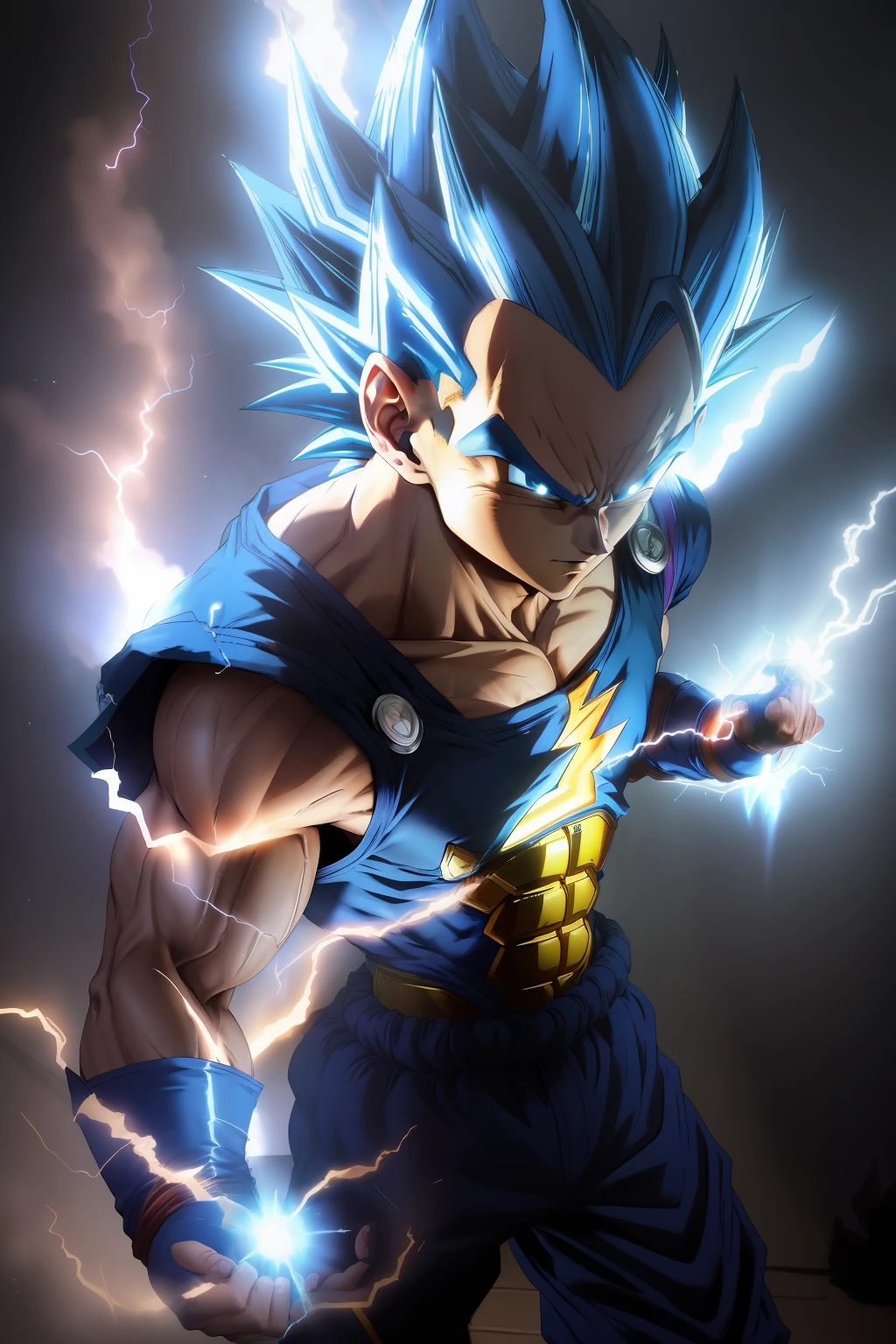 masterpiece, best quality, Vegeta super Saiyan blue, blue hair Blue Lightning Point one's finger at oneself