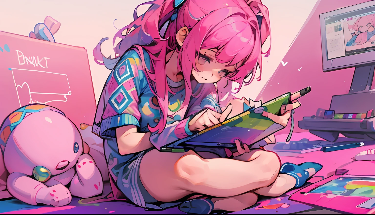 Girl, pink hair, a girl sitting on the ground while drawing on a graphic tablet, beautiful, colorful