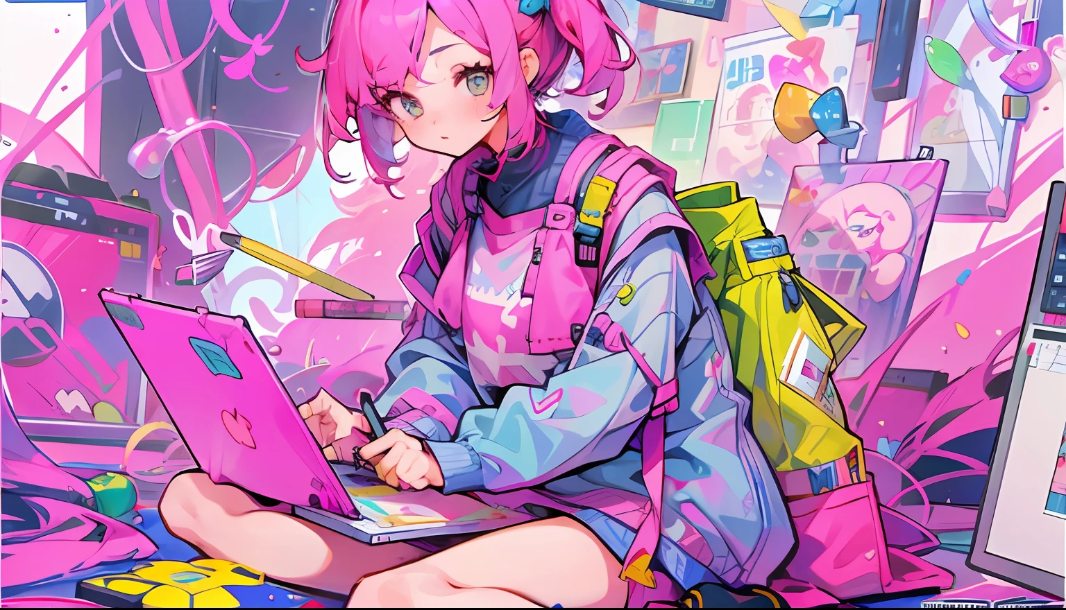 Girl, pink hair, a girl sitting on the ground while drawing on a graphic tablet, beautiful, colorful