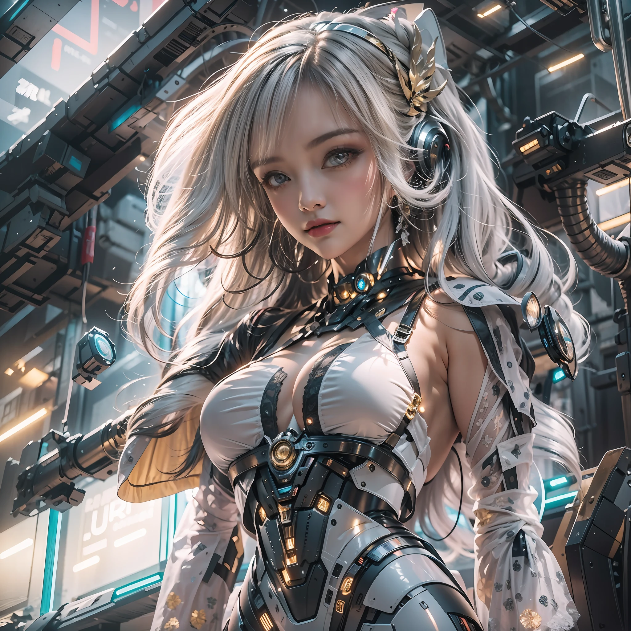 （（tmasterpiece，best qualtiy）），illustration，Ultra-detailed 8K，Clear focus，A highly detailed，Professional lighting，Colorful detailed，A girl and a mech，Beautuful Women，lottalewdsLargeMecha，cranny，with light glowing，with light glowing，Complicated details，（（1girl stands in front of the audience）），closeup cleavage，The upper part of the body