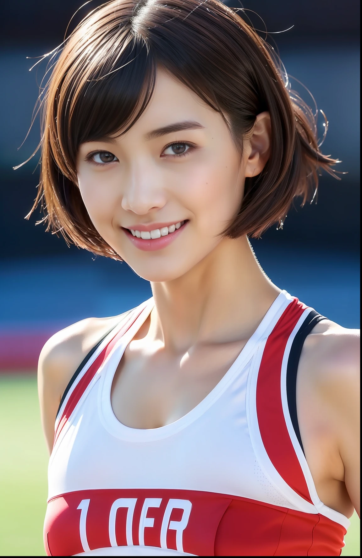 (((full bodyesbian)))、japanese beauty girl、((Short-cut hairstyles))、Perfect style、track and field uniform、beauty legs、kawaii、((Track & Field Athletes Women))、(((1人)))、((stadium))、Transcendent cute、A slight smil、Beautiful breasts、full bodyesbian、athletic field、((Outstanding style))、((Healthy body))、 Photorealsitic、Beautiful detailed eyes、Hyper-Realism、highcontrast、Ultra HD、realistic skin textures、Top image quality、top-quality、超A high resolution、Fine details、Very meticulously