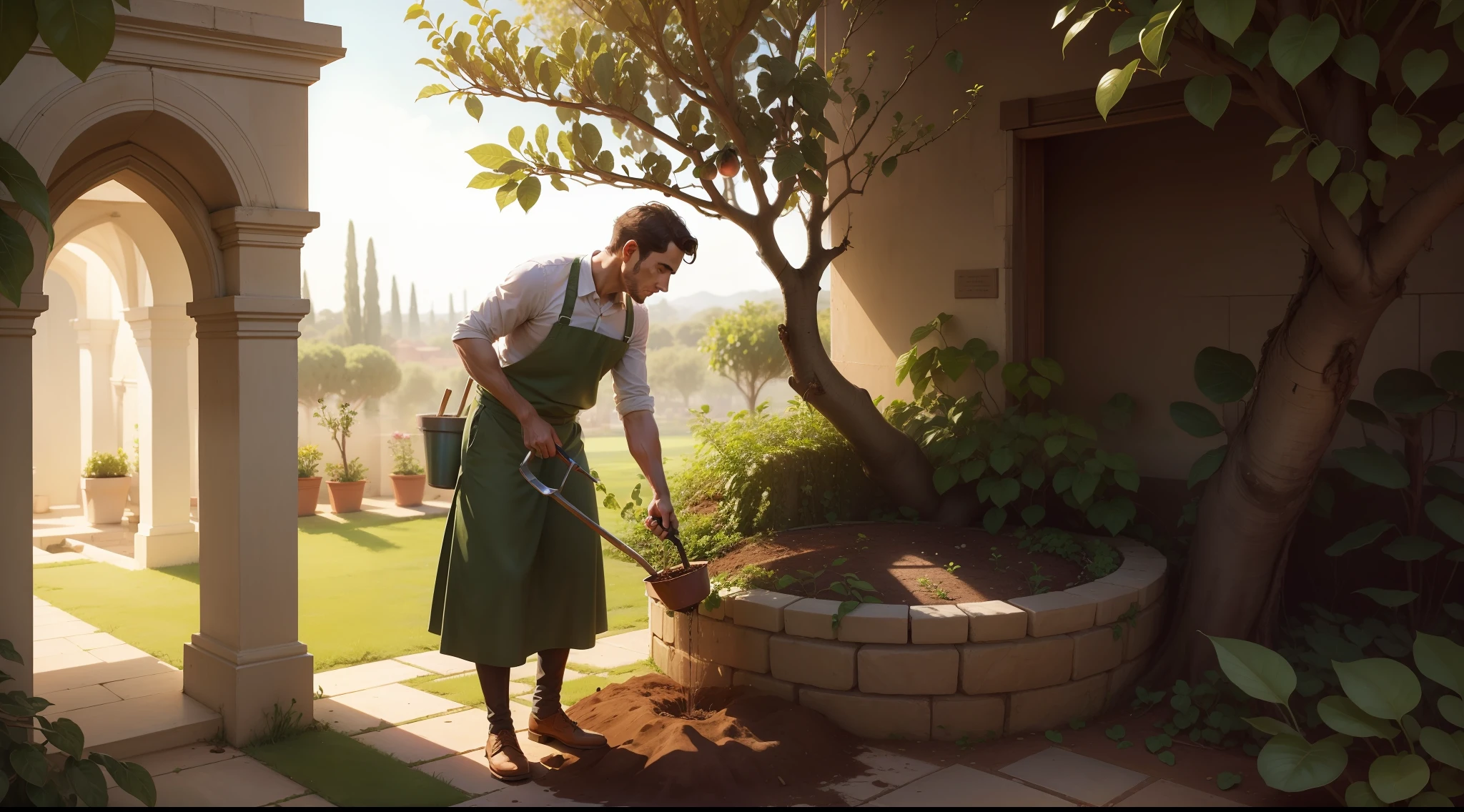 A gardener tending to the fig tree, digging around its base and nurturing the soil.