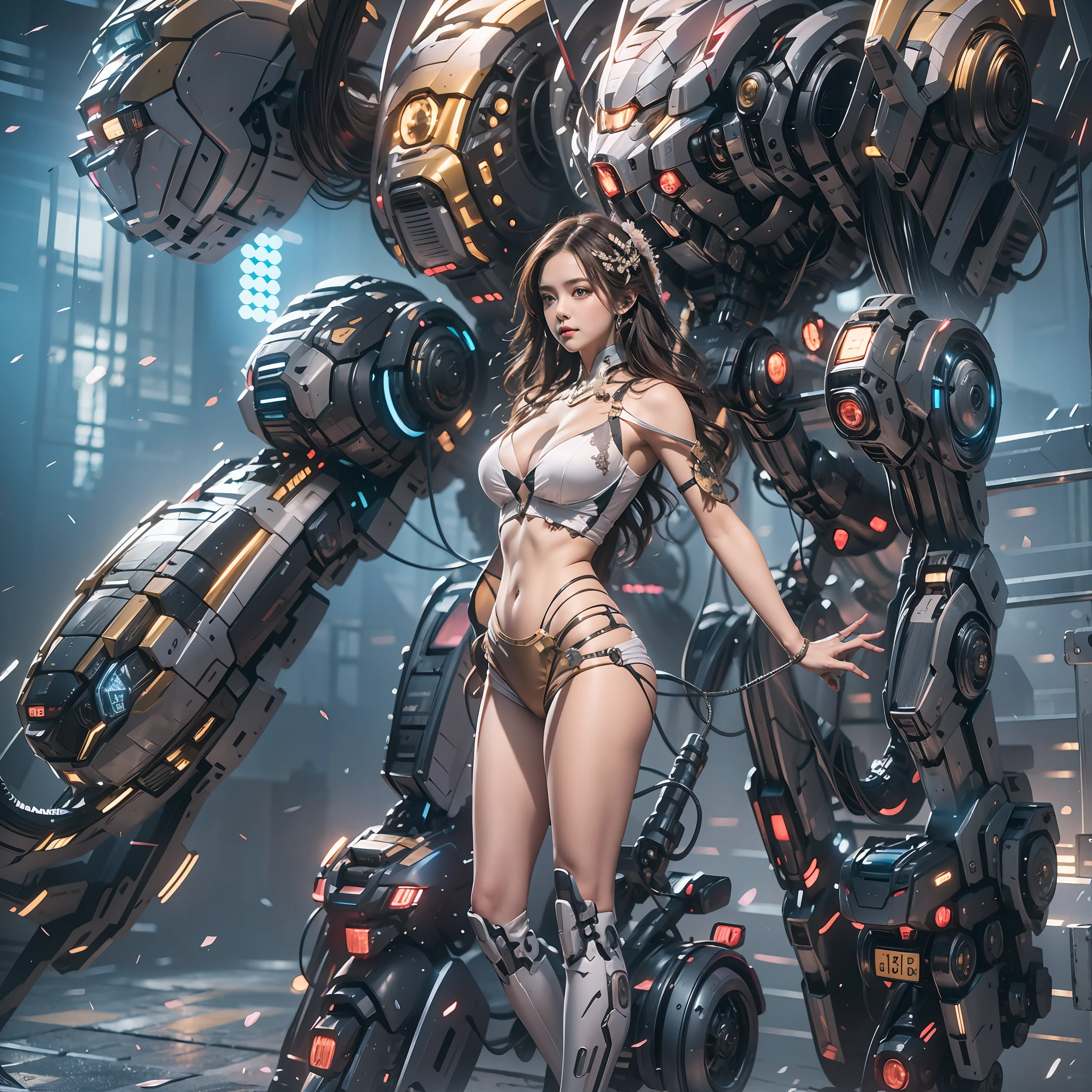 ((tmasterpiece,best qualtiy)),illustration,Ultra-detailed 8K,Clear focus,A highly detailed,Professional lighting,Colorful detailed,A girl and a mech,Beautuful Women,lottalewdsLargeMecha,cranny,with light glowing,with light glowing,Complicated details,((1girl stands in front of the audience)),closeup cleavage,The upper part of the body