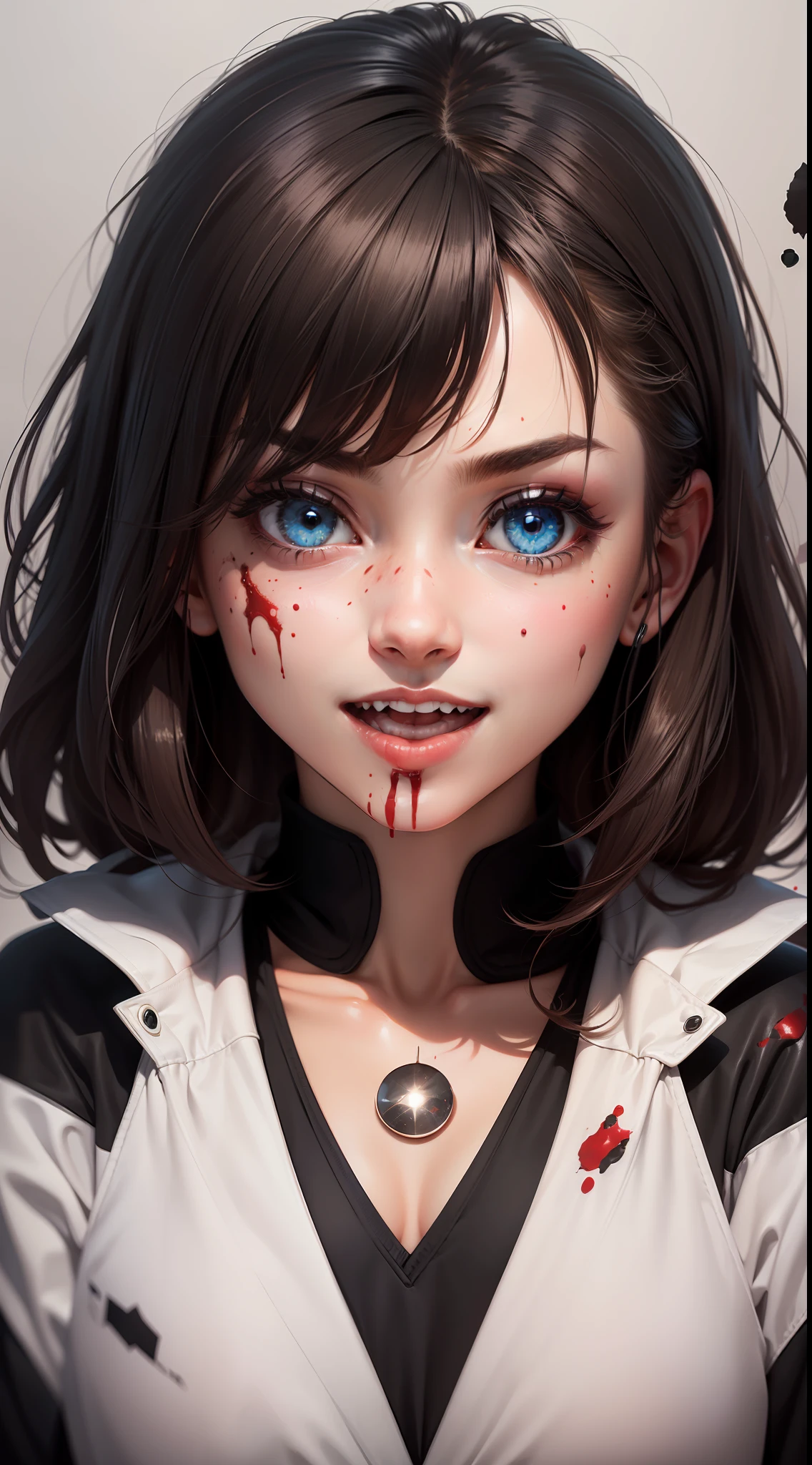 1girl, (confident smile) , brunette color hair , By bangs ,Colored eyes , Place your hands on your face , Red blood splattered on the face, White and black color scheme, with her mouth open, (largeeyes:1.2), glowing light eyes,