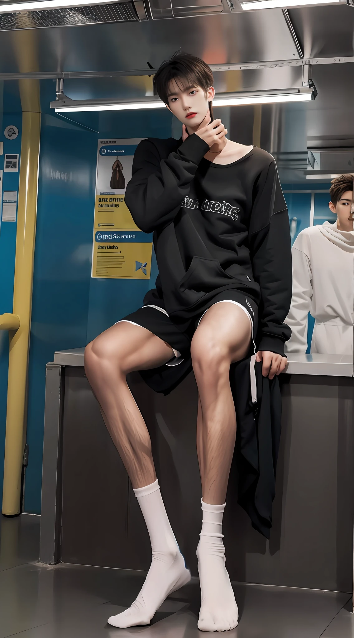 slender leg，black sock