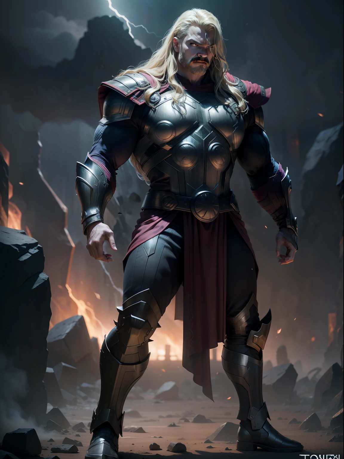 A Dramatic thor as thanos, cinematic, extreem realistic, extreem detailed, extreem Sharp, full body shot