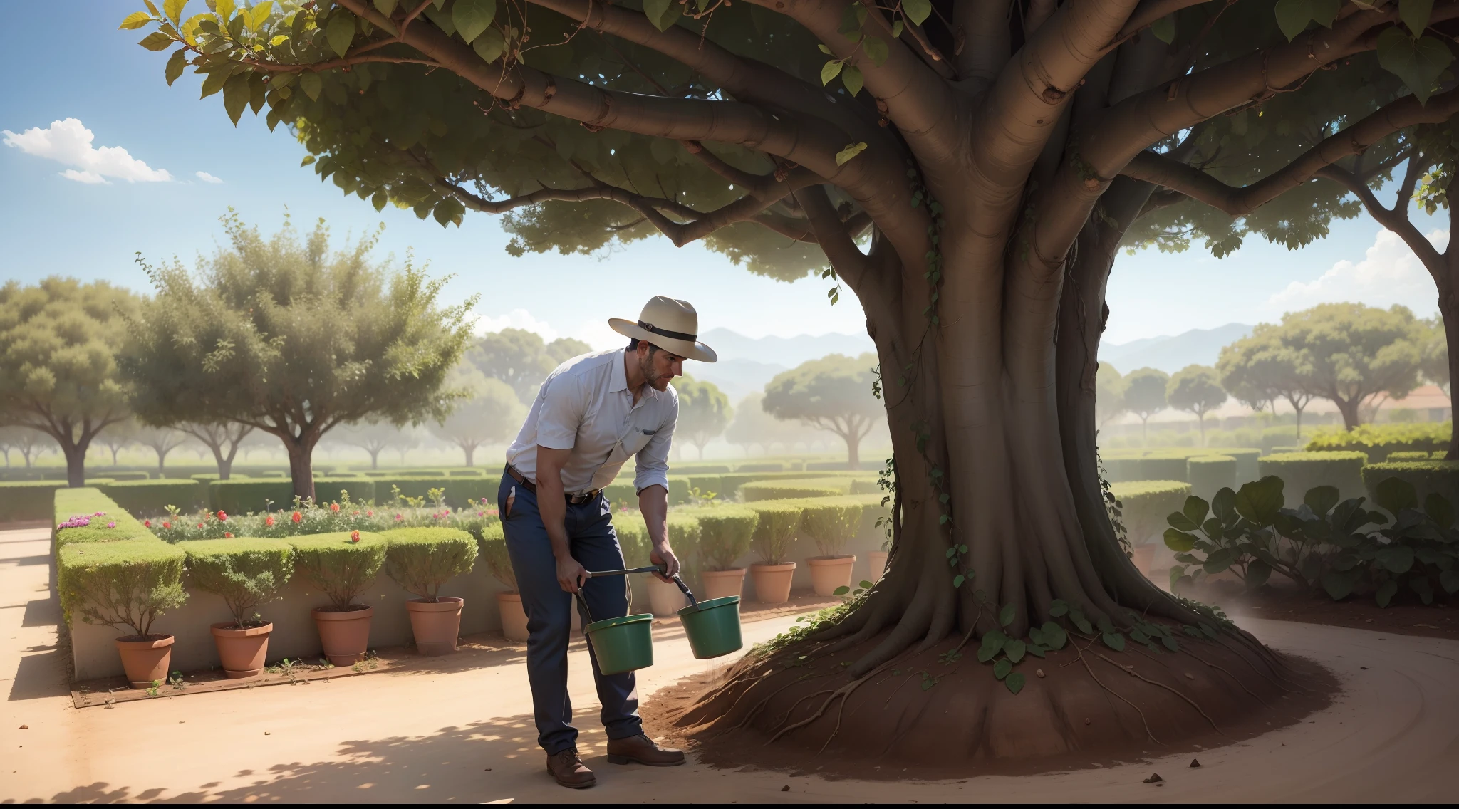The gardener fertilizing the soil around the fig tree, hoping for future growth.
