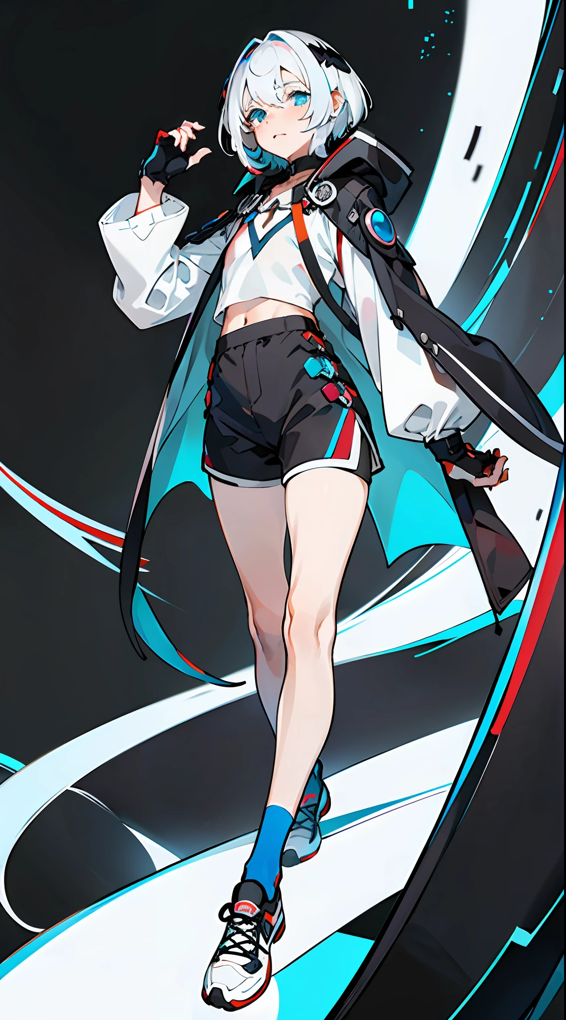 Masterpiece, Best quality, Solo,Boy, Pantyhose, White hair,Short hair, (Red and blue heterochromatic pupae:1.5),(White shirt:1.4),(Black shorts:1.5), blackfootwear, full bodyesbian, Black pantyhose, shirt, Shorts, Coat, Open coat, view the viewer, Hood, Sneakers, Open clothes, Black coat, (Flat chest:1.7), No breasts,Long sleeves, bangs, Fingerless gloves, Short hair, hair between eye,Black background