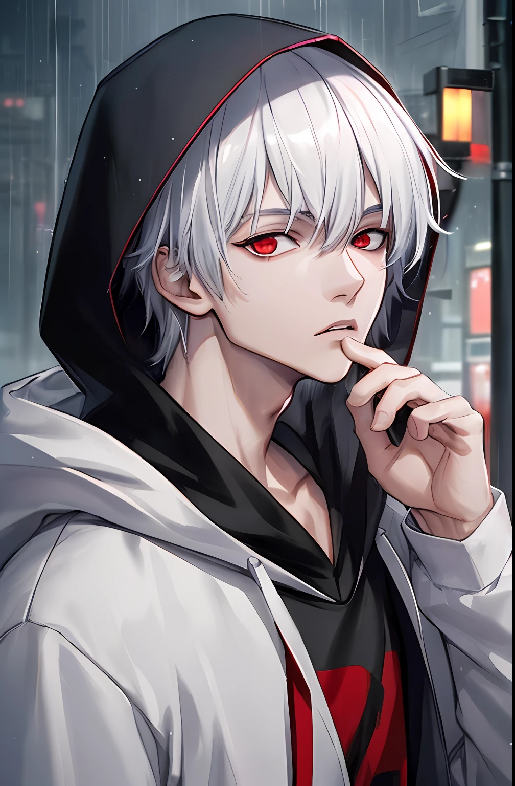 kk, best quality, more details, masterpiece, 1boy, kaneki ken, portrait, male focus, red eyes, solo, bangs, looking at viewer, hood, short hair, rain, tokyo tokyo \(city\),  hood up, nail polish, white hair, luxurious, 8k, detailed, ray tracing, depth of field, cinematic lighting,