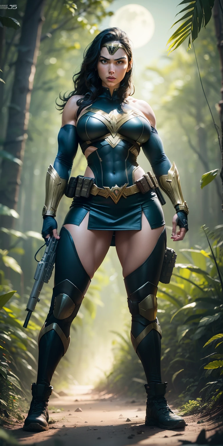 Movie poster, character design (gal gadot) wearing a combat uniform, standing alone in the jungle, with a cool expression, muscular woman hero, heroic female pose, tall and burly, Wearing sexy bra, (big breast:1.4), sexy charming muscular leg muscles, tall burly, alien combat suit, super gain and cool, high resolution committee, black combat boots, attractive strong female, bright moonlight on the body, lonely