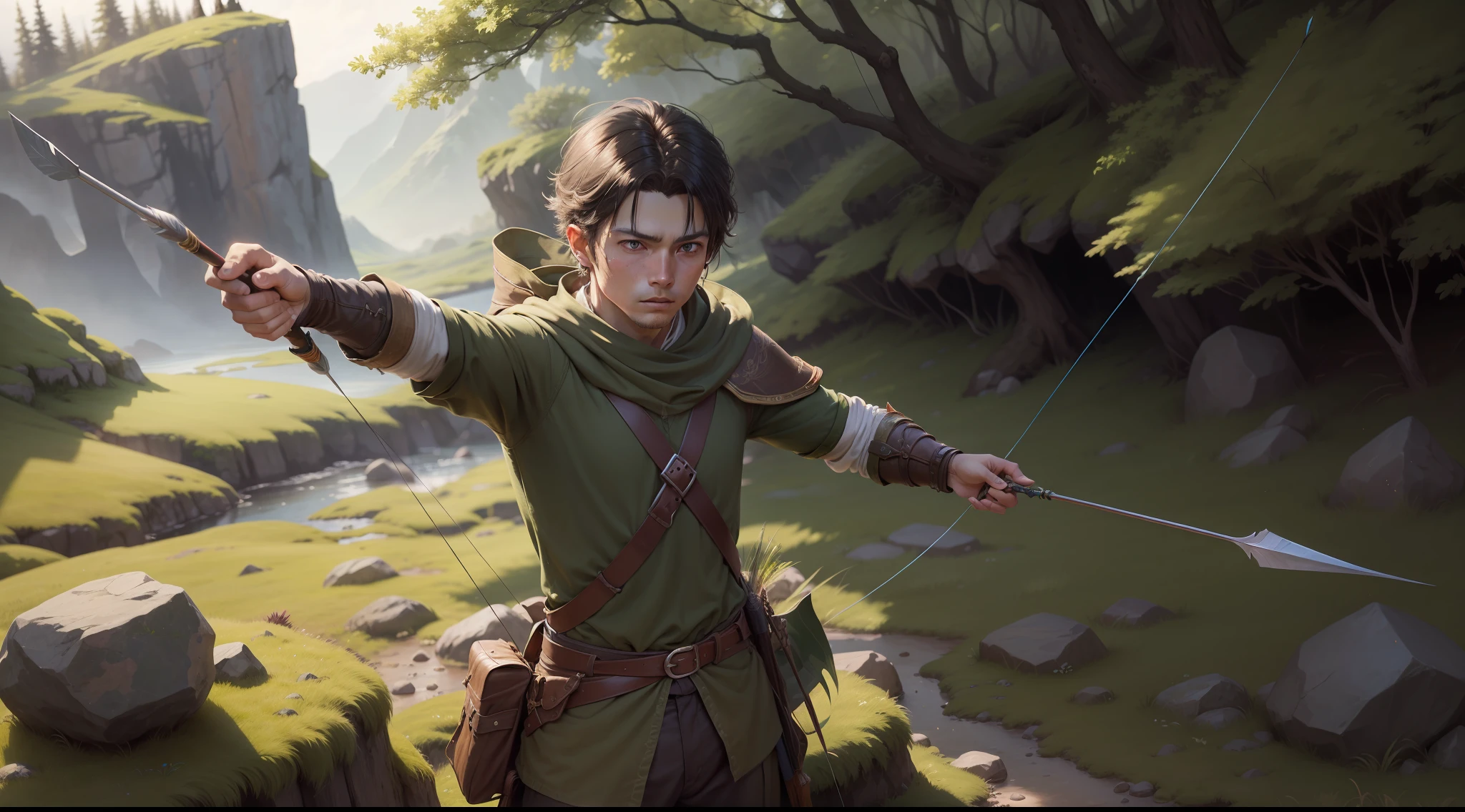 Robin, now grown into a skilled archer, stands tall on a moss-covered rock, his bow taut, and arrow aimed true, as he takes aim at a distant target - a symbol of the unjust rule he seeks to overthrow.