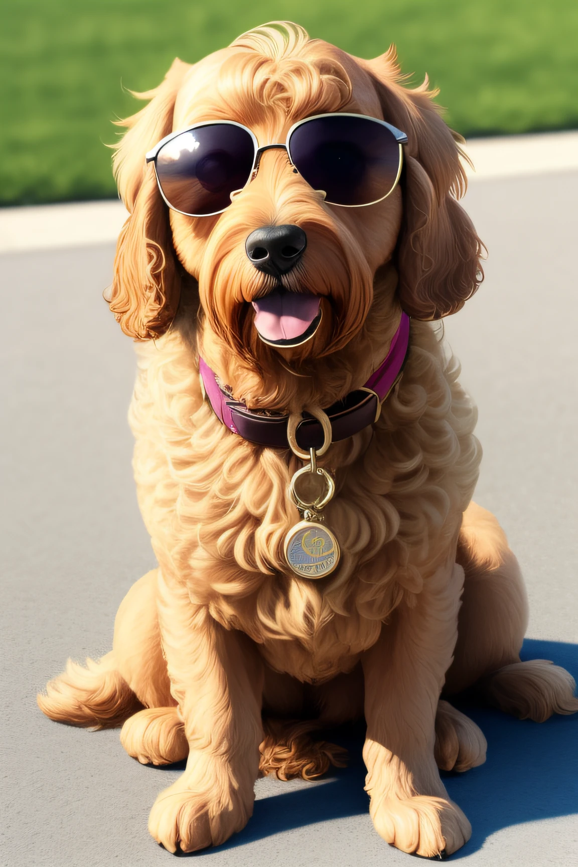 A blonde Cockapoo dog wearing dark sunglasses, outside in the sun, photo realistic, real life, extremely detailed