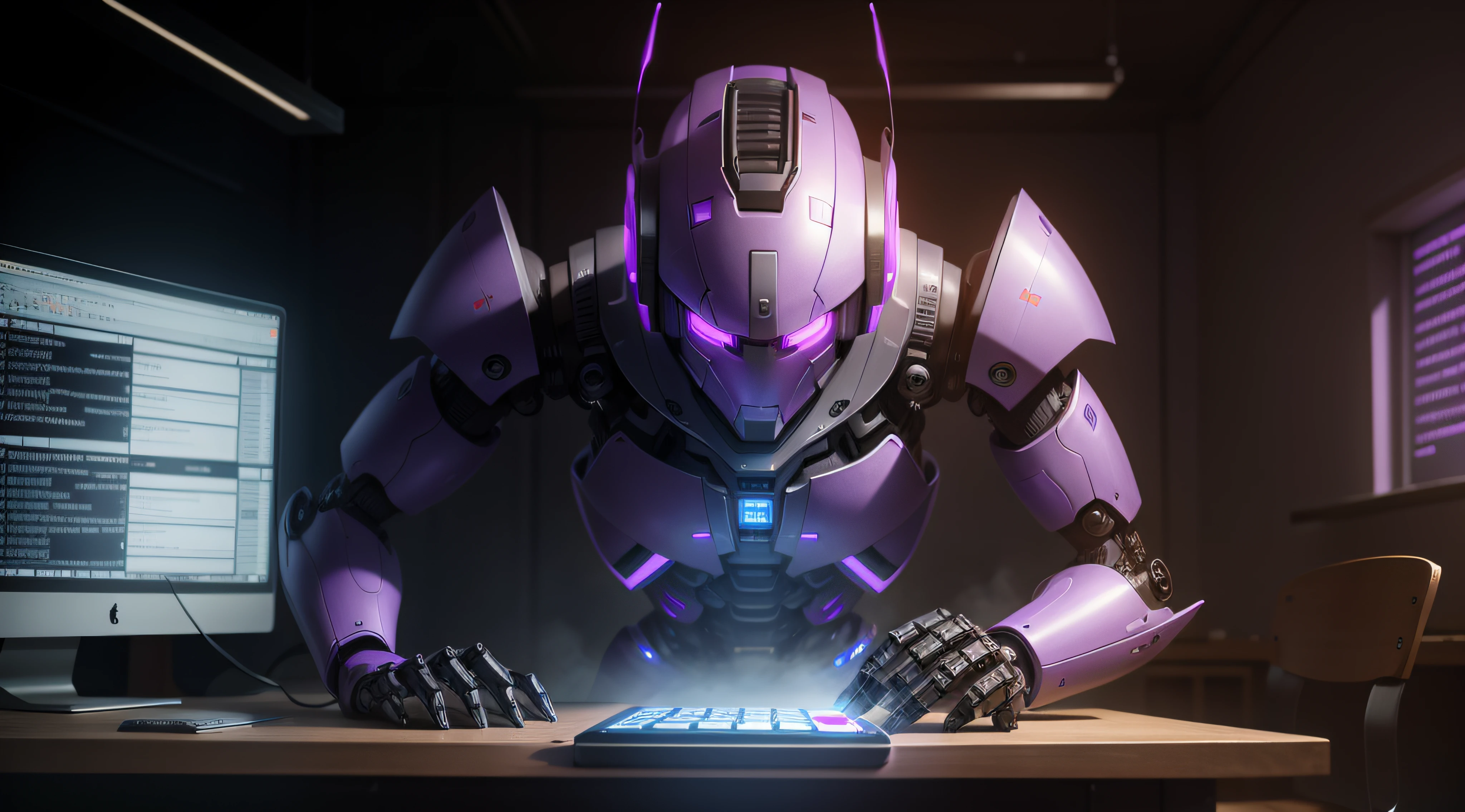 a robot using a calculator with purple effect and lighting