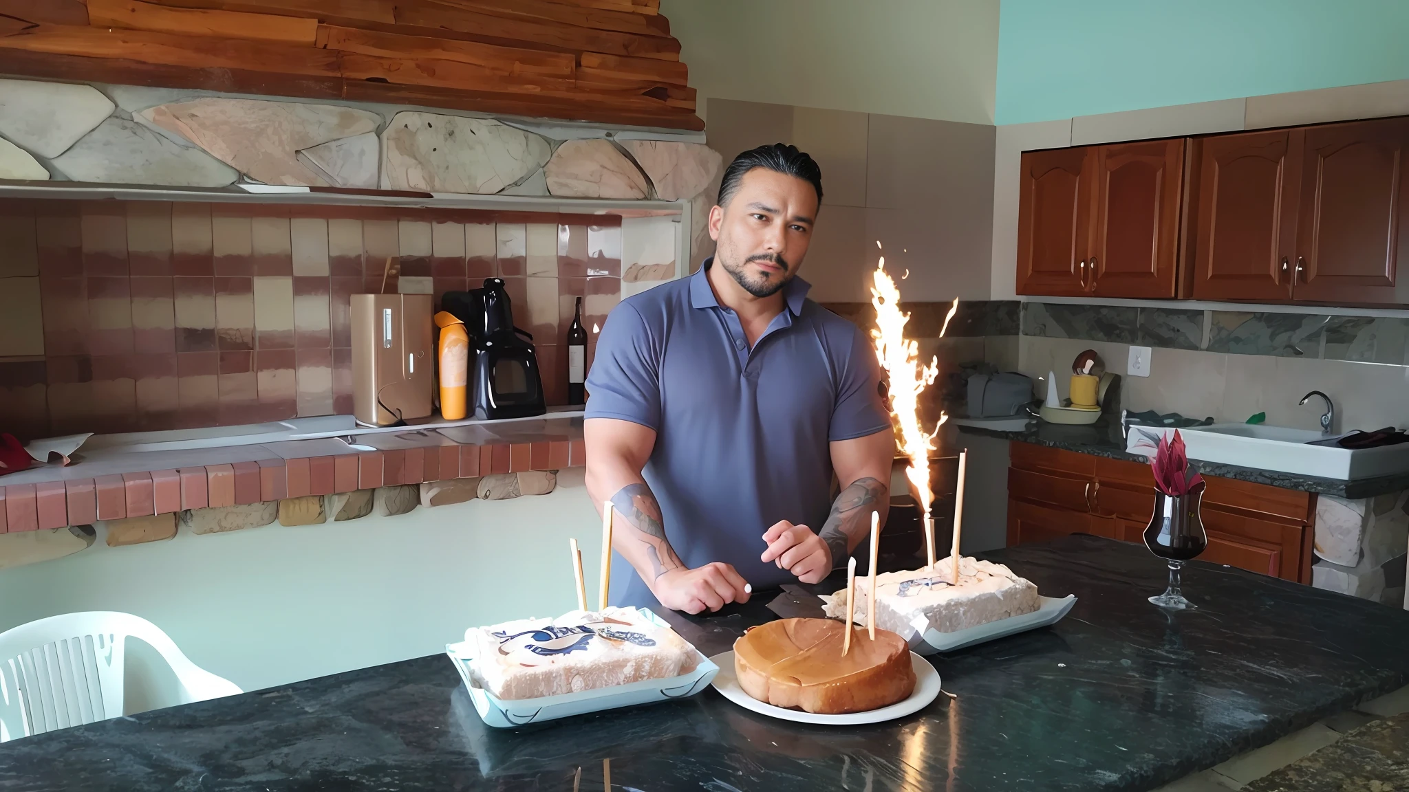 una foto cruda de hombre musculoso, mejor calidad, 8k uhd, DSLR, estilo de modelo, mejor calidad, movie grain, dynamic pose, un blazer limpio y una bonita barba, camisa abierta, mosca abierta, Open belt, adulto, brown-hair, mangas enrolladas, ow hanzo