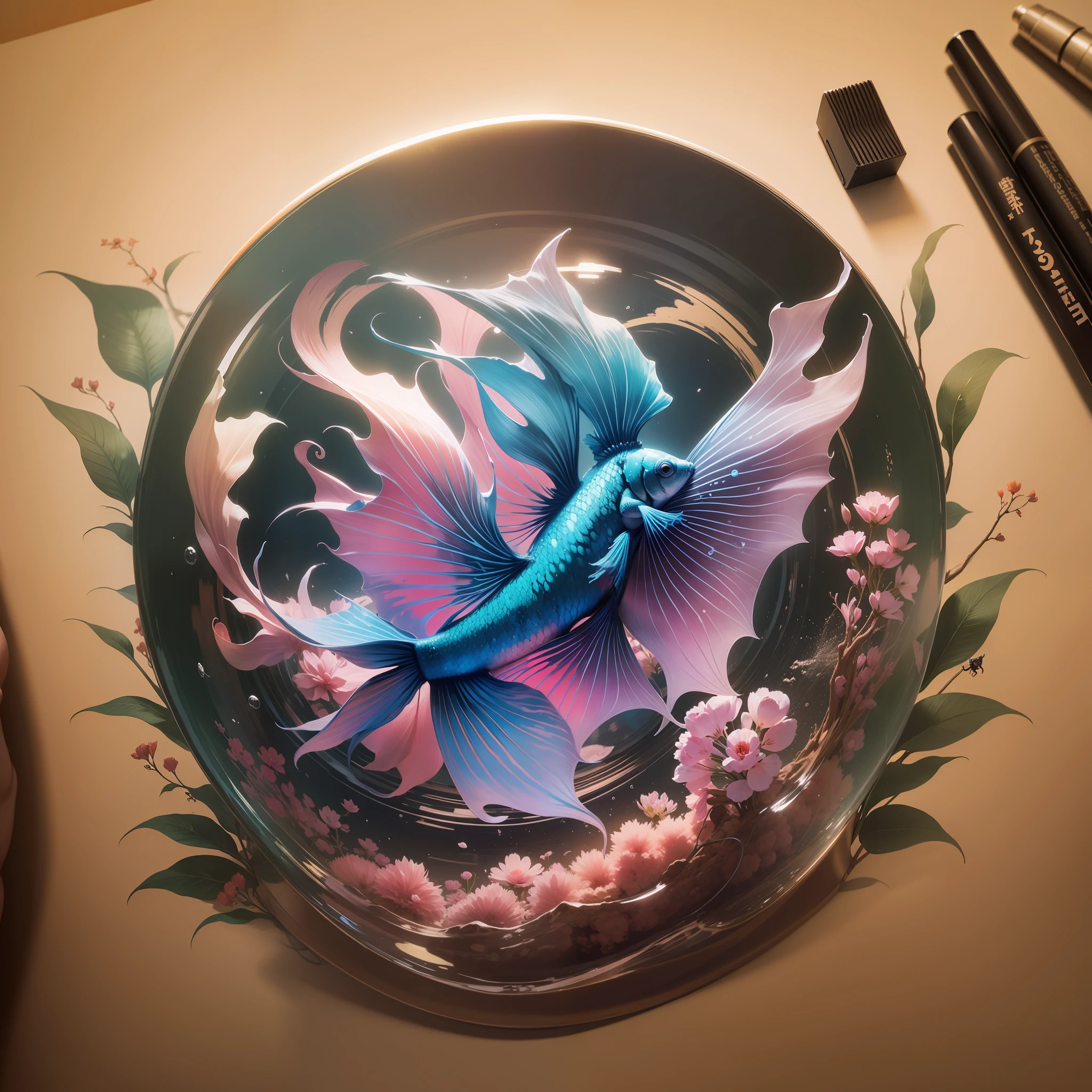 Bauhaus betta fish in Japanese mafia tattoo style.