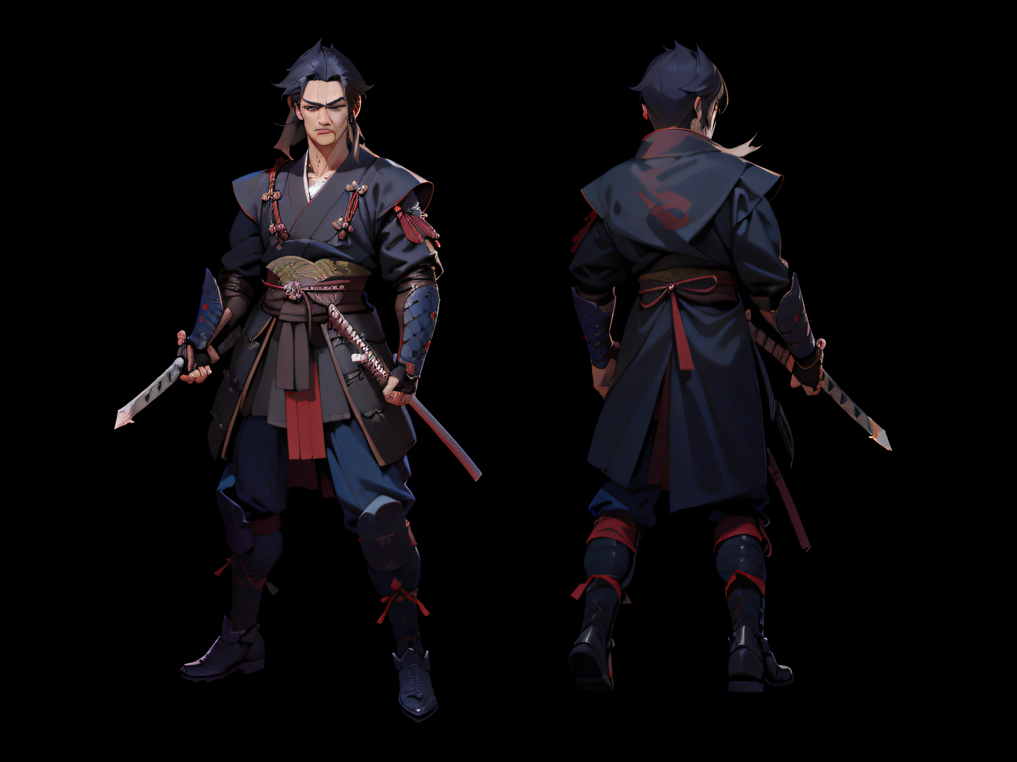 The character is a young ronin samurai of approximately 23 years old. Seus cabelos pretos fluem elegantemente, framing his face with an air of determination. The right arm is demonic, irradiando uma cor vermelha intensa e ostentando garras afiadas que lembram as de um predador feroz.
Inspirado por Musashi Miyamoto de Vagabond, The samurai emanates a palpable aura of determination and fearlessness, destacando-se entre seus pares. The drawing style is expertly executed, following the influence of Boichi's iconic trait. Meticulous details harmoniously combine with flowing lines to create a stunning visual representation.
Expertly applied shadows enhance each contour and accentuate the character's imposing appearance, adding depth and mystery to his presence. The character design sheet gives you a complete picture, presenting it in full body in three distinct perspectives (frontal, lateral e traseira), allowing viewers to fully appreciate every angle and detail of this remarkable ronin samurai.