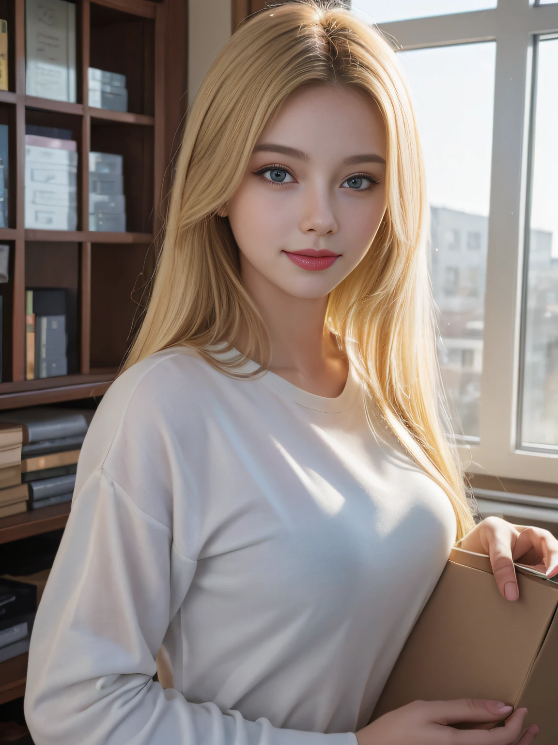 A magnificent sculpture in the post office, with the best picture quality and high resolution, featuring a beautiful 26-year-old Russian girl. The details are portrayed exquisitely, with her stunning blue double-eyelids eyes, eyes that seem to smile, yellow hair, beautiful skin, and an incredibly sharp and realistic image (reality: 1.4). Her face appears slightly younger, and her skin is smooth and slender, giving a sense of hyperrealism and illustration, sunshine smile, Her smiling eyes shine brightly like glistening rays of sun.. The artwork is presented in high resolution (16K), providing the most beautiful and impressive details, especially in the meticulously drawn eyes.

she is holding some boxes, standing at a post office, a lot of packets. The bright and professional lighting highlights her long blonde hair. She wears a yellow T-shirt and combat jeans. The setting is a post office with several carefully arranged parcels.

Pose: She is described as smiling and looking straight ahead. The portrait is highly detailed, emphasizing her facial features and exquisite characteristics.

This artwork is a true masterpiece, combining artistic talent and ultra-high resolution to create a captivating and attractive painting that mesmerizes the viewers.