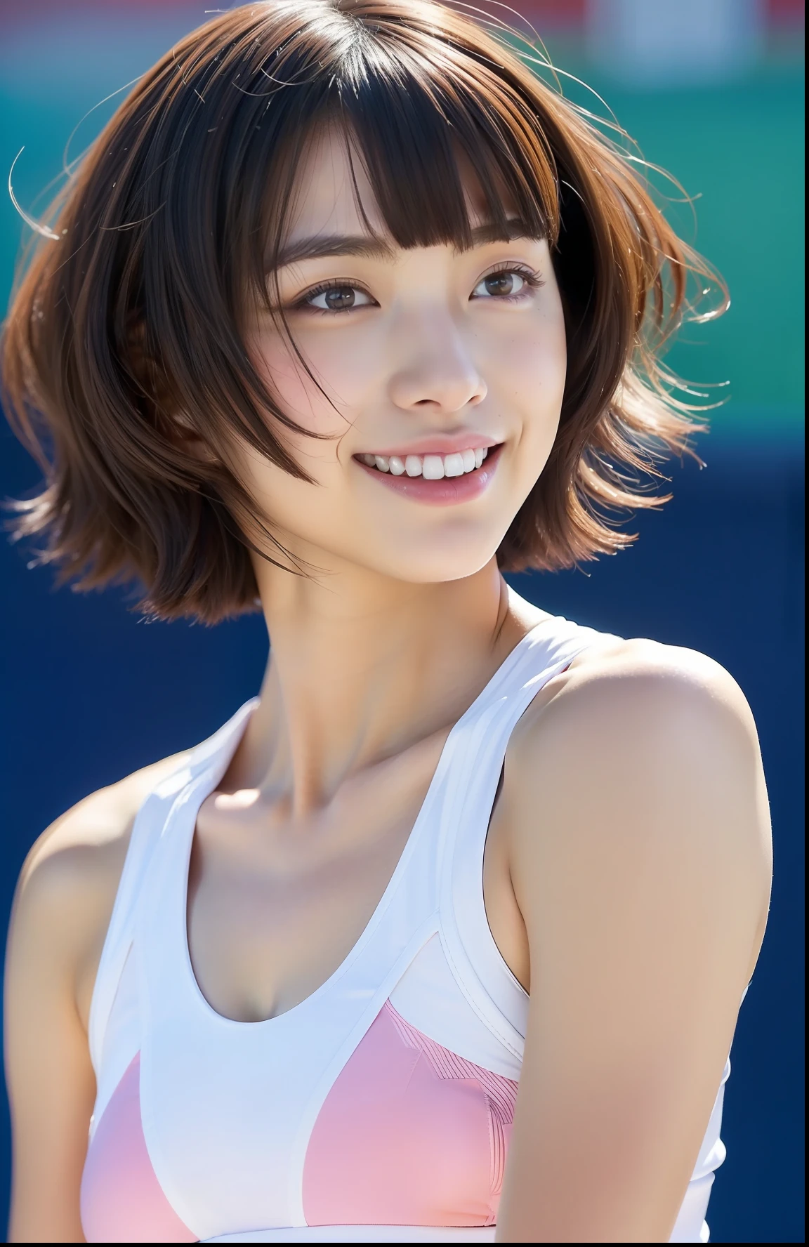 (((full bodyesbian)))、japanese beauty girl、((Short-cut hairstyles))、Perfect style、track and field uniform、beauty legs、kawaii、((Track & Field Athletes Women))、(((1人)))、((stadium))、Transcendent cute、A slight smil、Beautiful breasts、full bodyesbian、athletic field、((Outstanding style))、((Healthy body))、 Photorealsitic、Beautiful detailed eyes、Hyper-Realism、highcontrast、Ultra HD、realistic skin textures、Top image quality、top-quality、超A high resolution、Fine details、Very meticulously