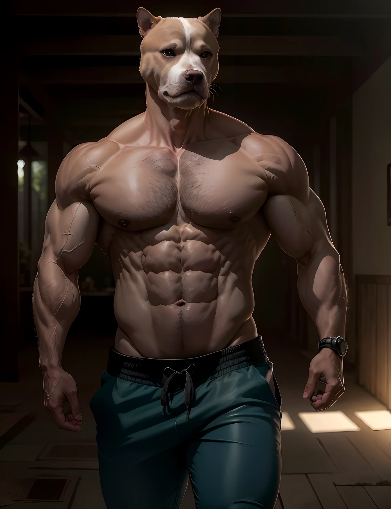 pitbull cachorro, Musculatura,, pitbull cachorro, Um retrato fotografiagrafia de corpo inteiro Um motorista de caminhoneiro pesado de meia idade trativo, balg Fisiculturista forte, musculoso, peludo de barriga grande, wearing a very small trunk showing pubis, epic realistic, fotografia, desbotado, cores neutras, (((HDR)))), (((((cores silenciadas)))), Intricate meals, art-station, detalhes intrincados, vinheta