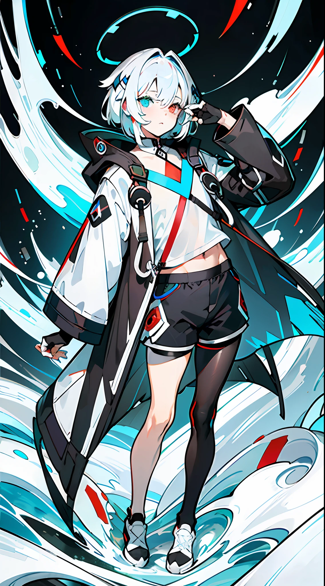 Masterpiece, Best quality, Solo,Boy, Pantyhose, White hair,Short hair, (Red and blue heterochromatic pupae:1.5),(White shirt:1.4),(Black shorts:1.5), blackfootwear, full bodyesbian, Black pantyhose, shirt, Shorts, Coat, Open coat, view the viewer, Hood, Sneakers, Open clothes, Black coat, (Flat chest:1.7), No breasts,Long sleeves, bangs, Fingerless gloves, Short hair, hair between eye,Black background