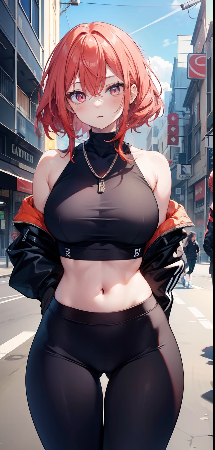 pretty body, pretty face, 3 girls together, older girl, light RED hair, eyes, chain around neck, shoulders, SWEATSHIRT, LEGGING PANTS, big chest, belly, thin waist, thick legs, thick thighs, background scenery random looking at viewer