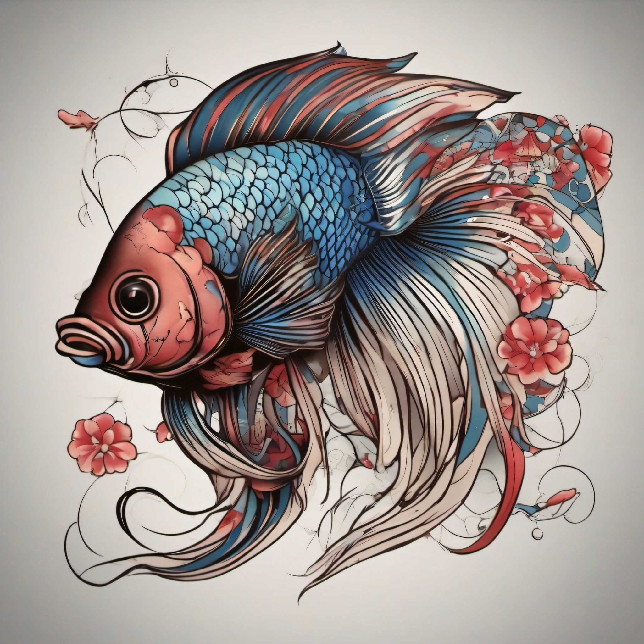 Bauhaus betta fish in Japanese mafia tattoo style.