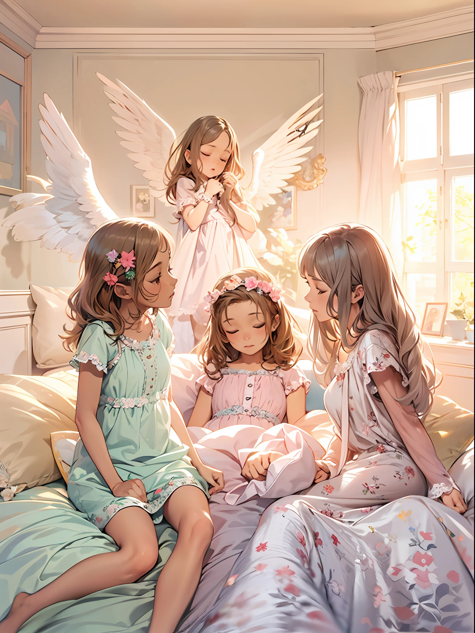 3girls good friends, the girls are wearing angelic pajama dresses. The kids' room is furnished in pastel colors. Whispering on the bed, pop pillows, slumber party, (Best quality), (masterpiece:1.3), (photorealistic:1.36), (realistic), ultra-detailed,