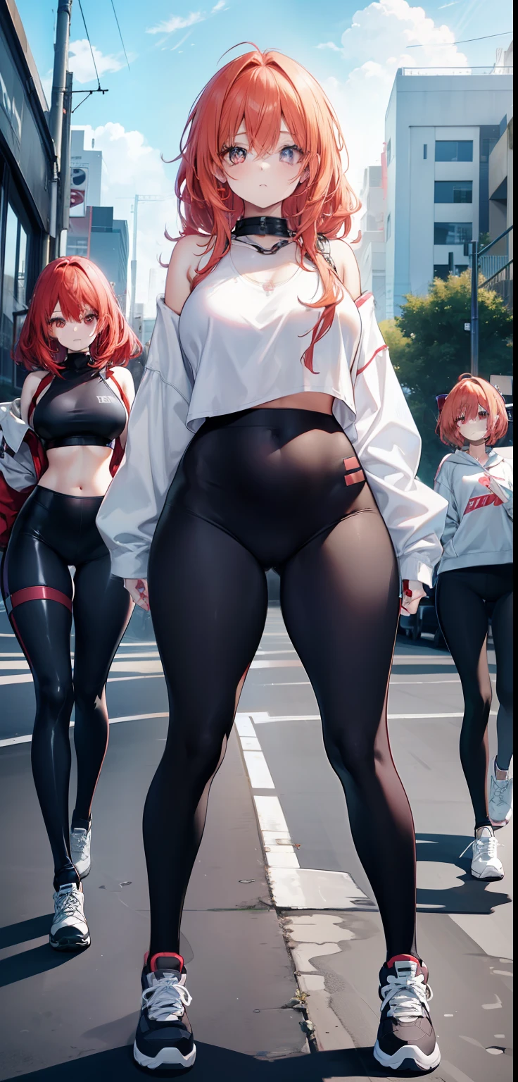 pretty body, pretty face, 3 girls together, older girl, light RED hair, eyes, chain around neck, shoulders, SWEATSHIRT, LEGGING PANTS, big chest, belly, thin waist, thick legs, thick thighs, background scenery random looking at viewer