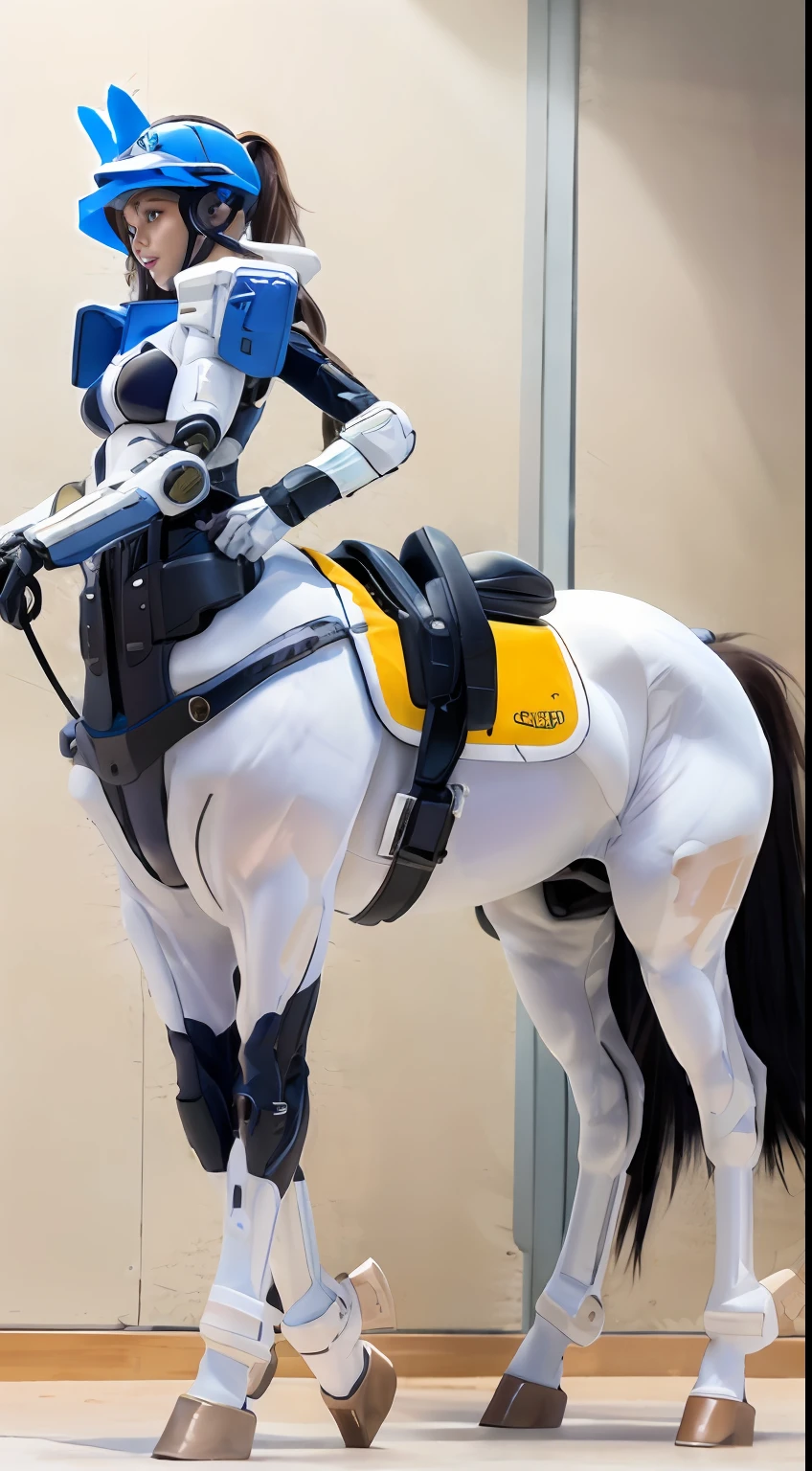 A female centaur,She is famous in the multiverse,She is both a female centaur, half human, half horse, half horse,It is also a female Yingzhao。She blends both images,The first is the head of a horse/neck/Shoulder these parts,After feminization,The upper body transforms into a beautiful female human,Female, half-centaur, half-human, half-horse, half-human,The second is the waist of the horse/hason/gluteal/Legs feminine,Female half-horse with beautiful woman's,Chimer,It's like a female human wearing a half-horse-like costume and making a seamless chimera,This chimerization is based on powerful futuristic technology。The ultra-wide-angle lens captures the image of her sleek and ethereal wings charging and leaping on the ionosphere。Her front half is distinctly feminine,Tall sexy body,Has K cup teardrop-shaped giant tit chest,It has a small man's waist butterfly spanning long legs,The half-horse part of the hind body,Embedded interface in the front half of the body hip position。The horse-shaped, half-horse torso form of her back body is completely female and humanized。A sexy bent dog-style shaped ribcage embedded in the lower back position of the beautiful woman's body from the upper end of the sternum/lower back/Ventral transverse。Then there are the sexy beauty's upright hips,Her entire body has been completely feminized,Including the half-horse part。Mechanized armor covers the legs with knee-shaped anti-joints and feet,And these parts are highly anthropomorphic,This makes her legs graceful and slender,Her four horse legs exploded in length proportions and was slender and toned,Under the legs are skinny white feet dressed in Skyscraper Heels,Use Midjourney's advanced stroke tools and color palettes, as well as texture packs, model packs, and texture tools,Concentration,Femaleize all parts of her original equine physiologic appearance,And give these parts an ergonomic appearance,Fine treatment of the thoracic and abdominal cavity of the posterior body,As well as hips and