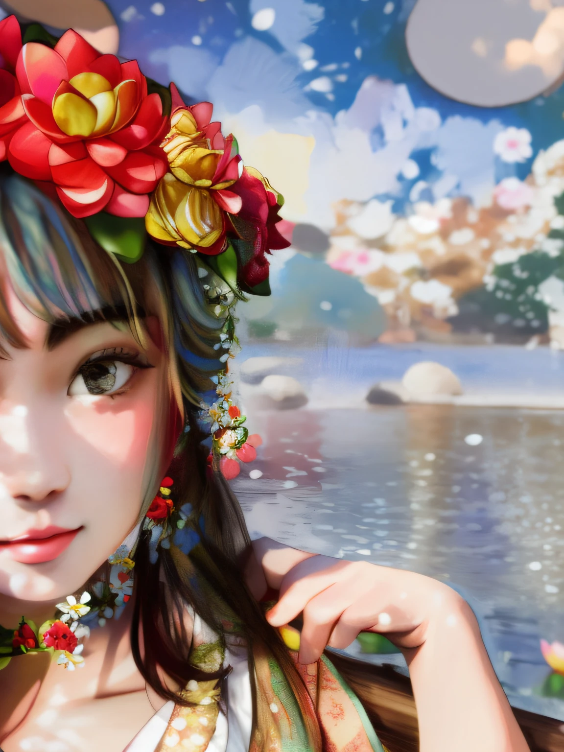 Girl with flower crown on her head poses for a photo,lotus floral crown girl,20-year-old girl wearing a flower crown,She wears a floral headdress,Flower crown,A princess