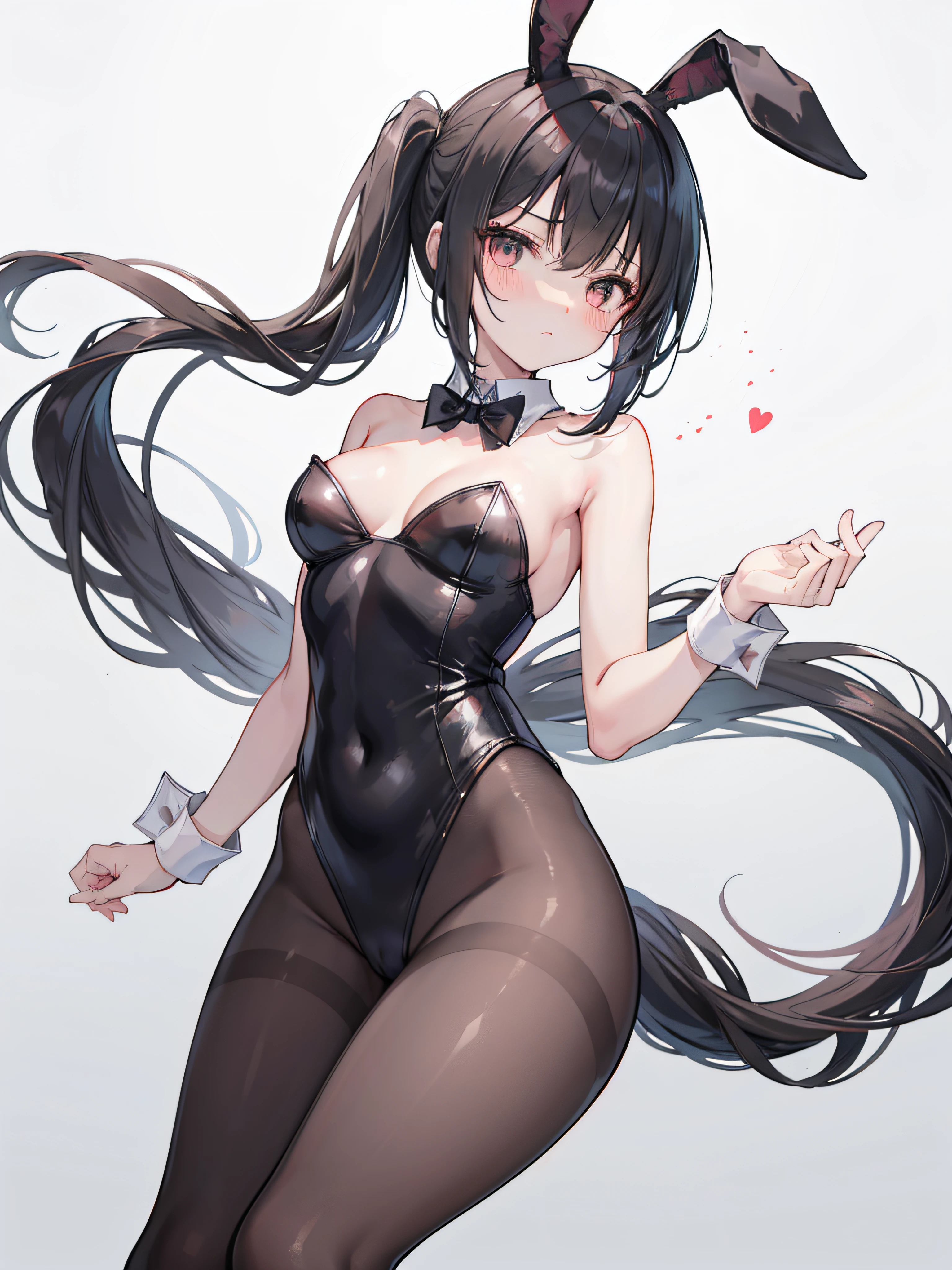(Low ponytail)、Ibife, 1girl in, 独奏, breastsout, looking at the viewers, red blush, tiny chest, White cuffs,animal ear, cleavage of the breast, bare shoulders, Very long hair, glares, (Black pantyhose), horse ear, Black Leotard,Black fishnet stockings、 Black Playboy Bunny, Dark hair、Black eyes、Angle from below、(A slender)、Toned body、(hide your chest with both hands)