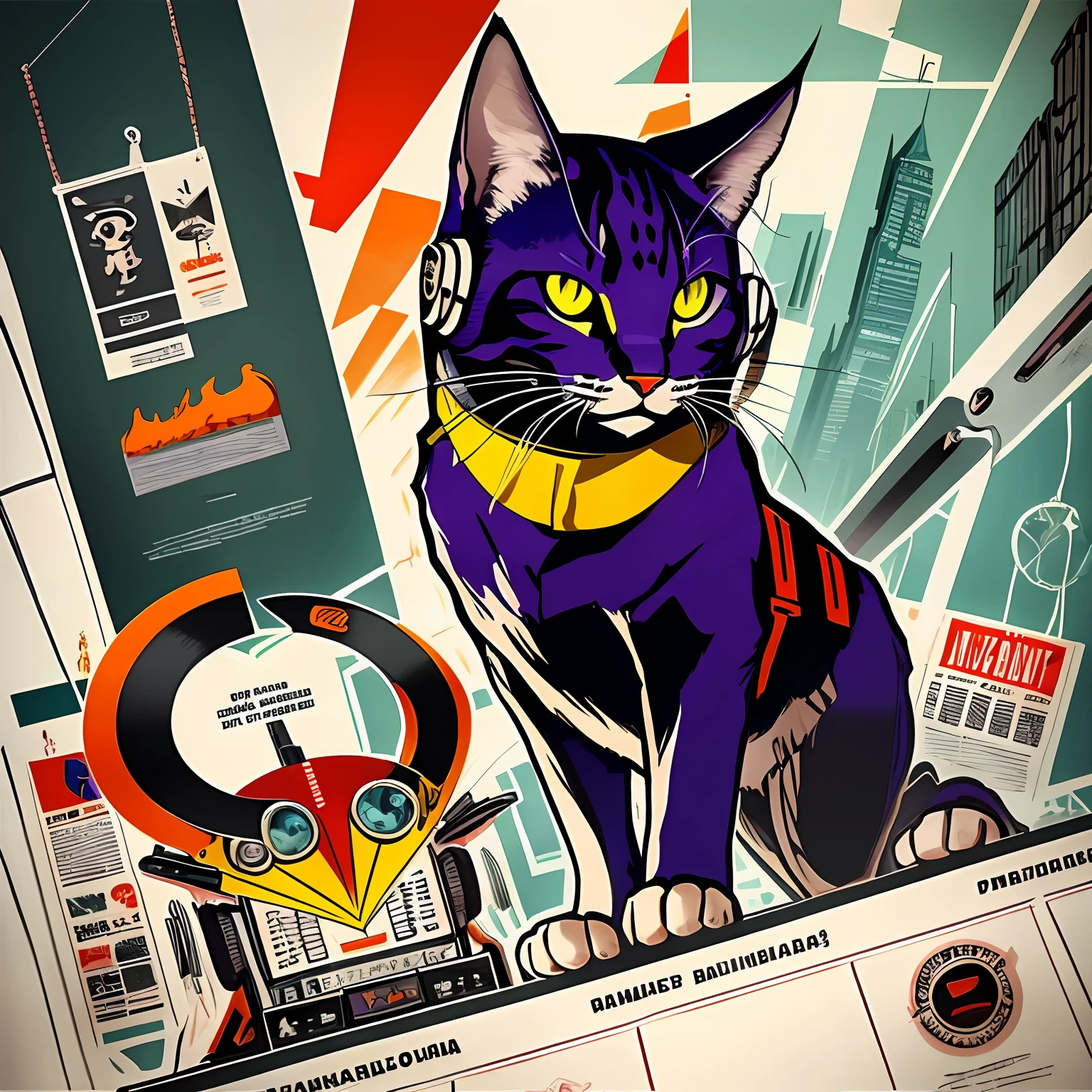 Gato DJ, cartaz de propaganda, ammolite, cores fortes brilhantes, butcher billy, Bauhaus, flat illustration, Cruzamento de animais