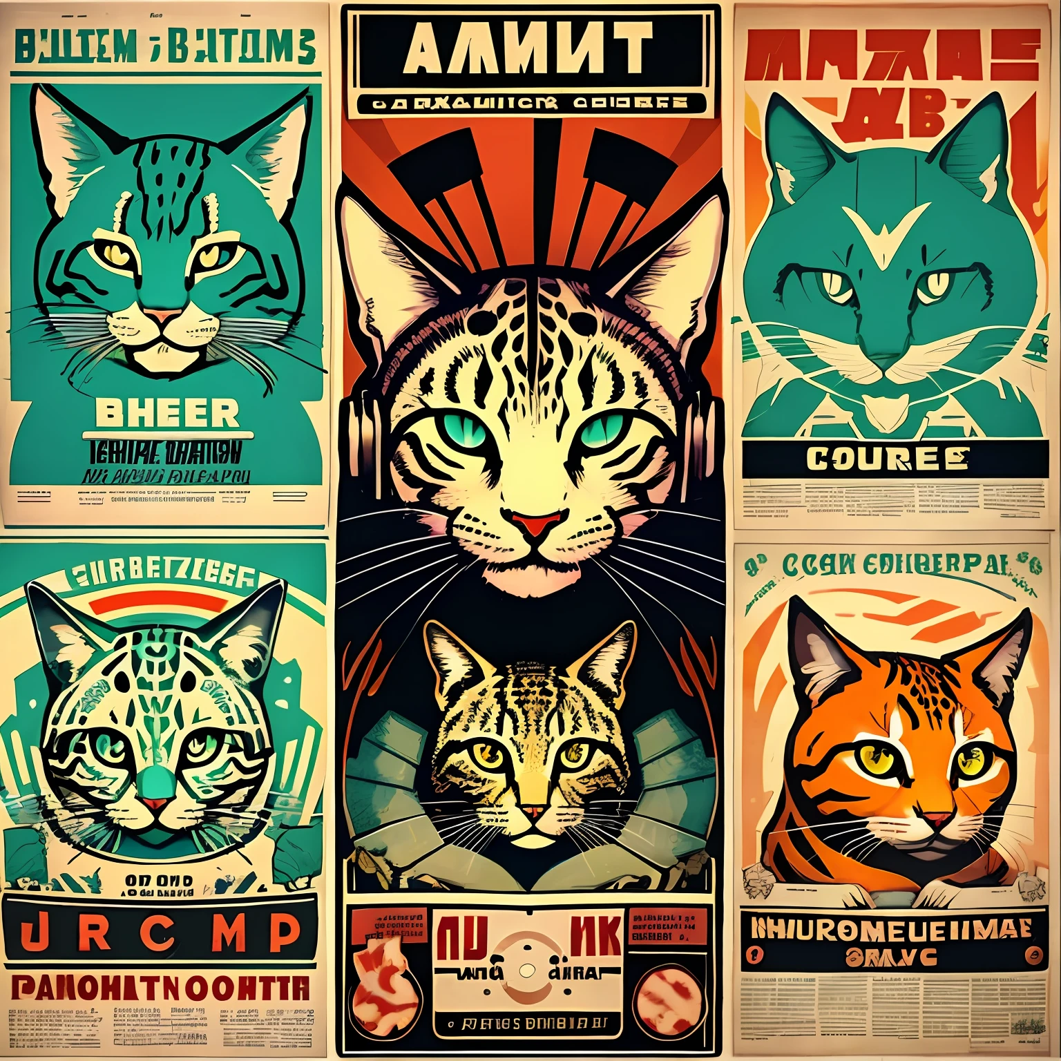 Gato DJ, cartaz de propaganda, ammolite, cores fortes brilhantes, butcher billy, Bauhaus, flat illustration, Cruzamento de animais