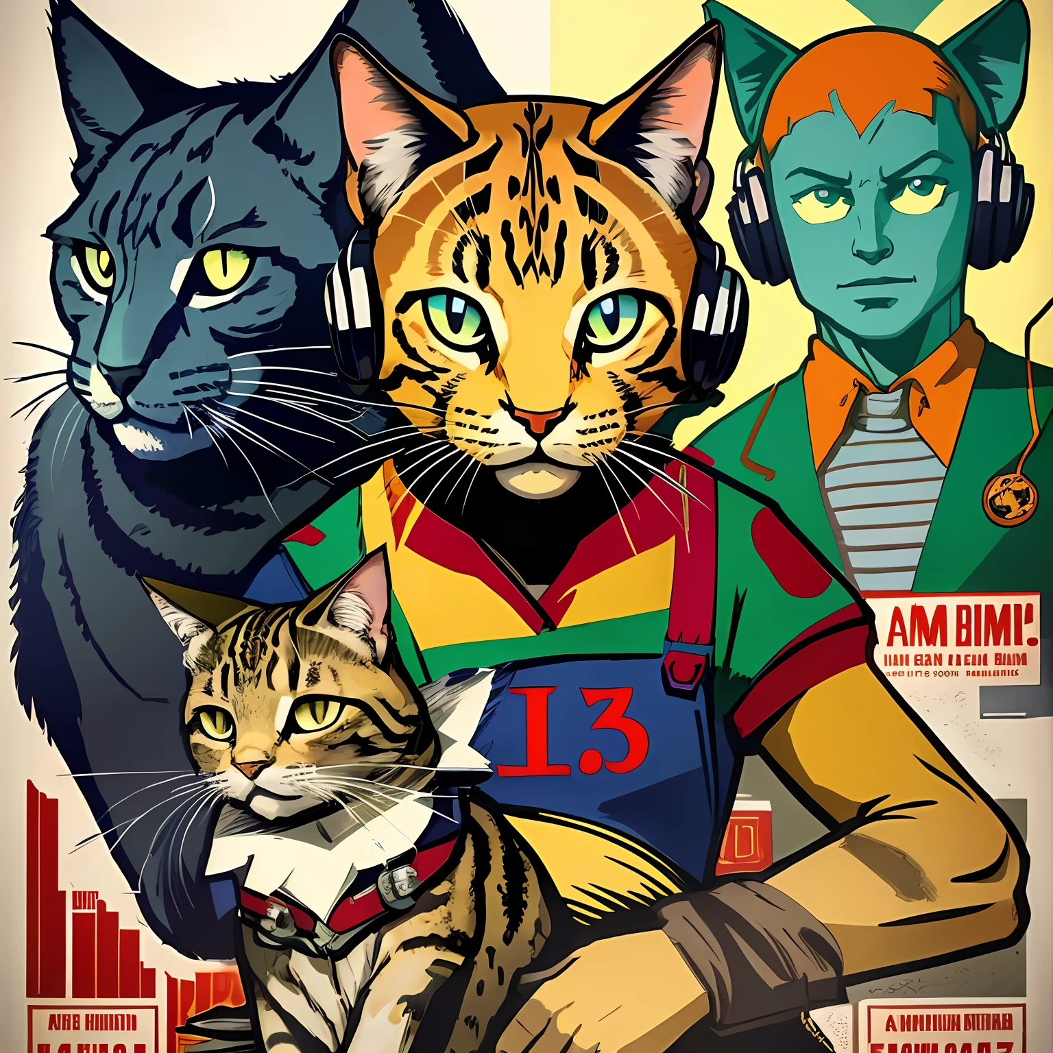 Gato DJ, cartaz de propaganda, ammolite, cores fortes brilhantes, butcher billy, Bauhaus, flat illustration, Cruzamento de animais