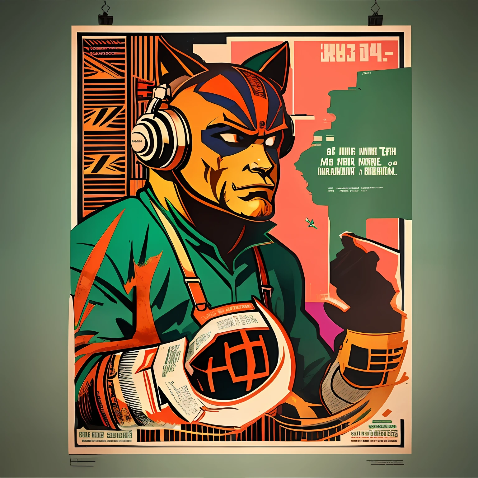 Gato DJ, cartaz de propaganda, ammolite, cores fortes brilhantes, butcher billy, Bauhaus, flat illustration, Cruzamento de animais