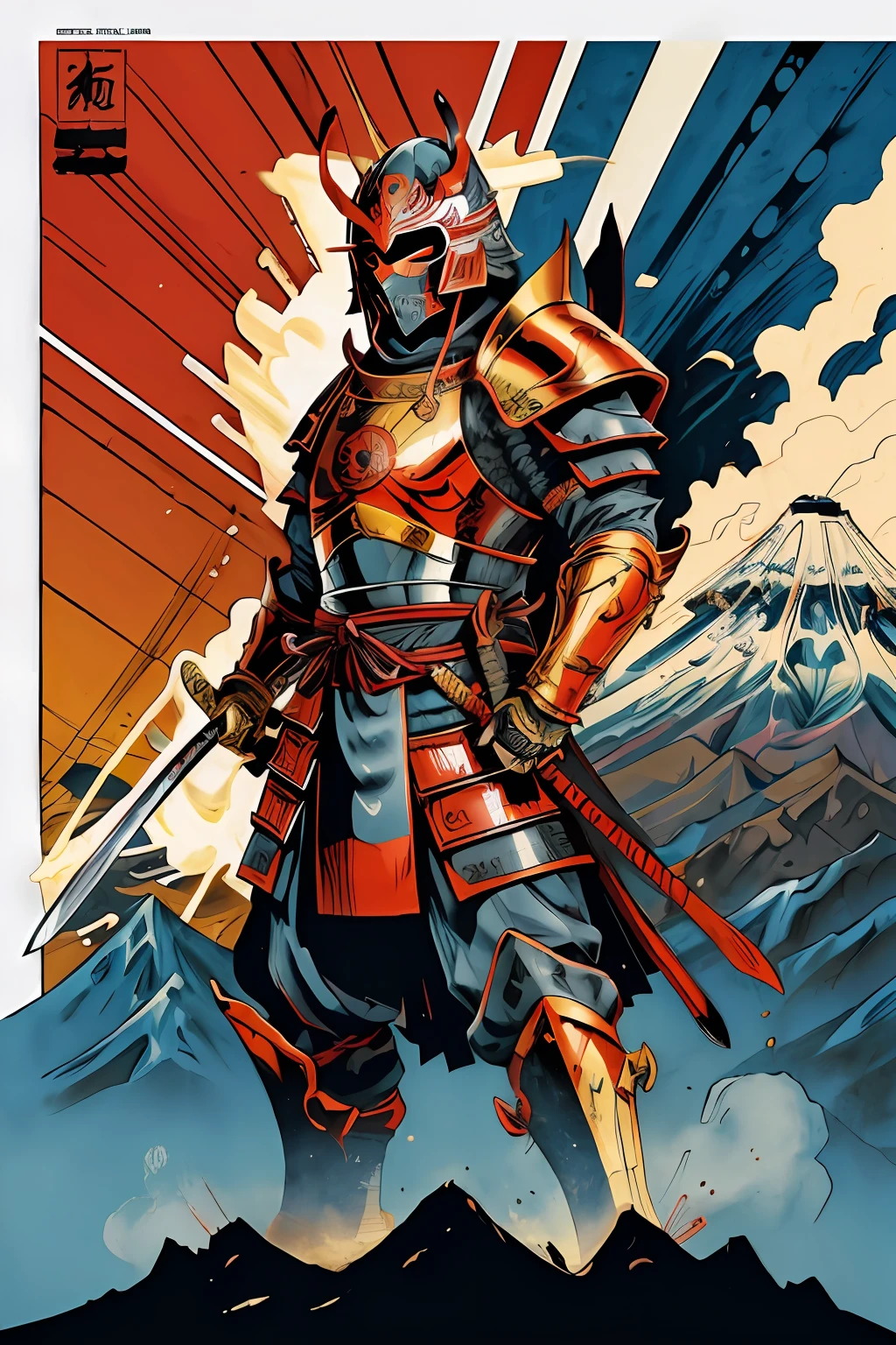 1man, (Oni helmet and mask), armadura samurai japonesa, olhos brilhantes, mecha, traditional Japanese style, (katana, pose de corte de Iai), vista lateral, mountain fuji, sol
, negative space, linhas claras, alto contraste, simplificado, tom azul e dourado
(comiс style), (arte de linha colorida:1.5)