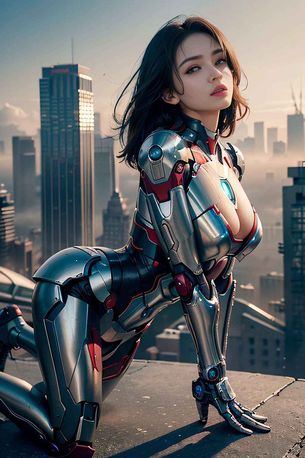 RAW, Masterpiece, Ultra Fine Photo,, Best Quality, Ultra High Resolution, Photorealistic, Sunlight, Full Body Portrait, Stunningly Beautiful,, Dynamic Poses, Delicate Face, Vibrant Eyes, (Side View) , she is wearing a futuristic Iron Man mech, very detailed background, detailed face, detailed busy background, messy, gorgeous, milky, high detailed skin, realistic skin details, visible pores, sharp focus, volume Fog, 8k uhd, dslr, high quality, film grain, fair skin, photorealism, lomography, sprawling metropolis in a futuristic dystopia, view from below, translucent