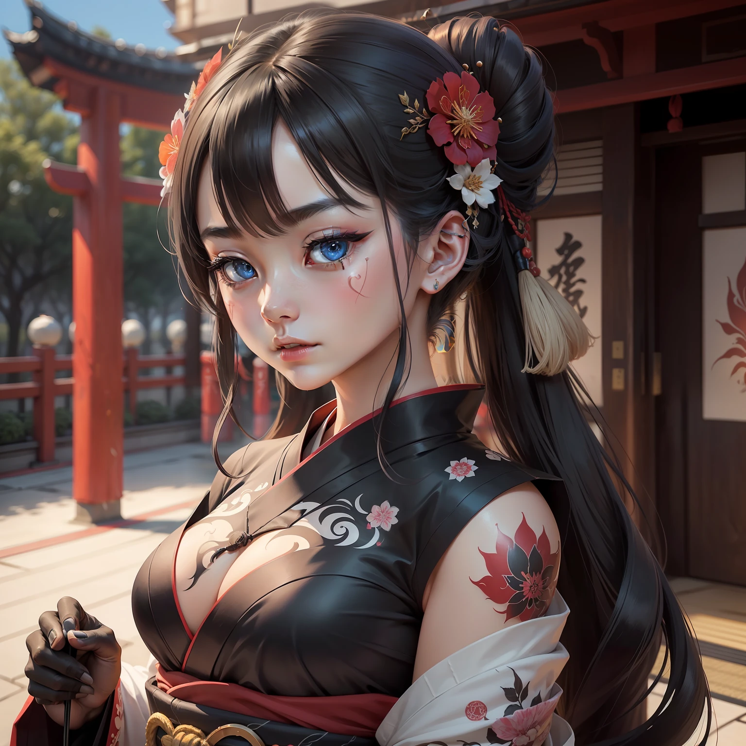 She has a traditional pattern of Japan、Establish your own style with contemporary design.。Her tattoo is、Beauty as freedom of expression、Has both beauty that flaunts cultural identity。
Her work is、Exhibited at multiple exhibitions.、Many people around the world々々々々々々々々々々々々々々Affecting。Her work is、Seeking modern and traditional expression、It's a powerful inspiration。
Her work includes、People who like ukiyo-e works々and scenery、Although the scene is also depicted, etc.、At the same time、often、Customize these elements boldly。Her tattoo is、For the viewer、It becomes an important sign of uniqueness and identity.、It can be said to be a symbol of aesthetics that fuses art and culture。The writing is detailed and detailed.。Elements of horror。Jet Black Devil。Mature neat beauty。Close-up image。Demon of Hell。Mandala worldview。Esoteric religion。Exotic。She、In a pose like a Hindu goddess statue、Stand in a majestic city shredded。Her prayer is、This world where the laws of nature have gone crazy、I hope we can return to orderly conditions again。Her kimono is、Hindu God々Although it is reminiscent of the clothes of、At the same time, Modern touch added.、In the chaotic modern society、It expresses her desire to create a new culture that fuses the past and the present...。Eta、Her blue eyes are、Symbolizes the strength of her will to bring a bright future to this world。Cleaner。