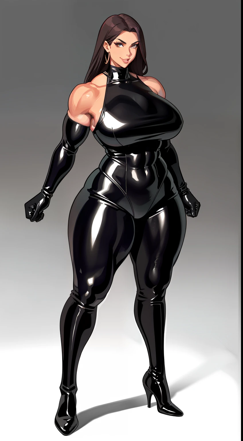 tmasterpiece,Burly woman,Exaggerated large muscles,Latex covers the whole body,Leather boots,latex glove, beautiful attractive face,smiling expression,Full body like, Single female,Very fair skin,Thin waist,Very broad shoulders, Strong and powerful arms,Stout arms,Strong and powerful leg muscles,thick calf,long leges,