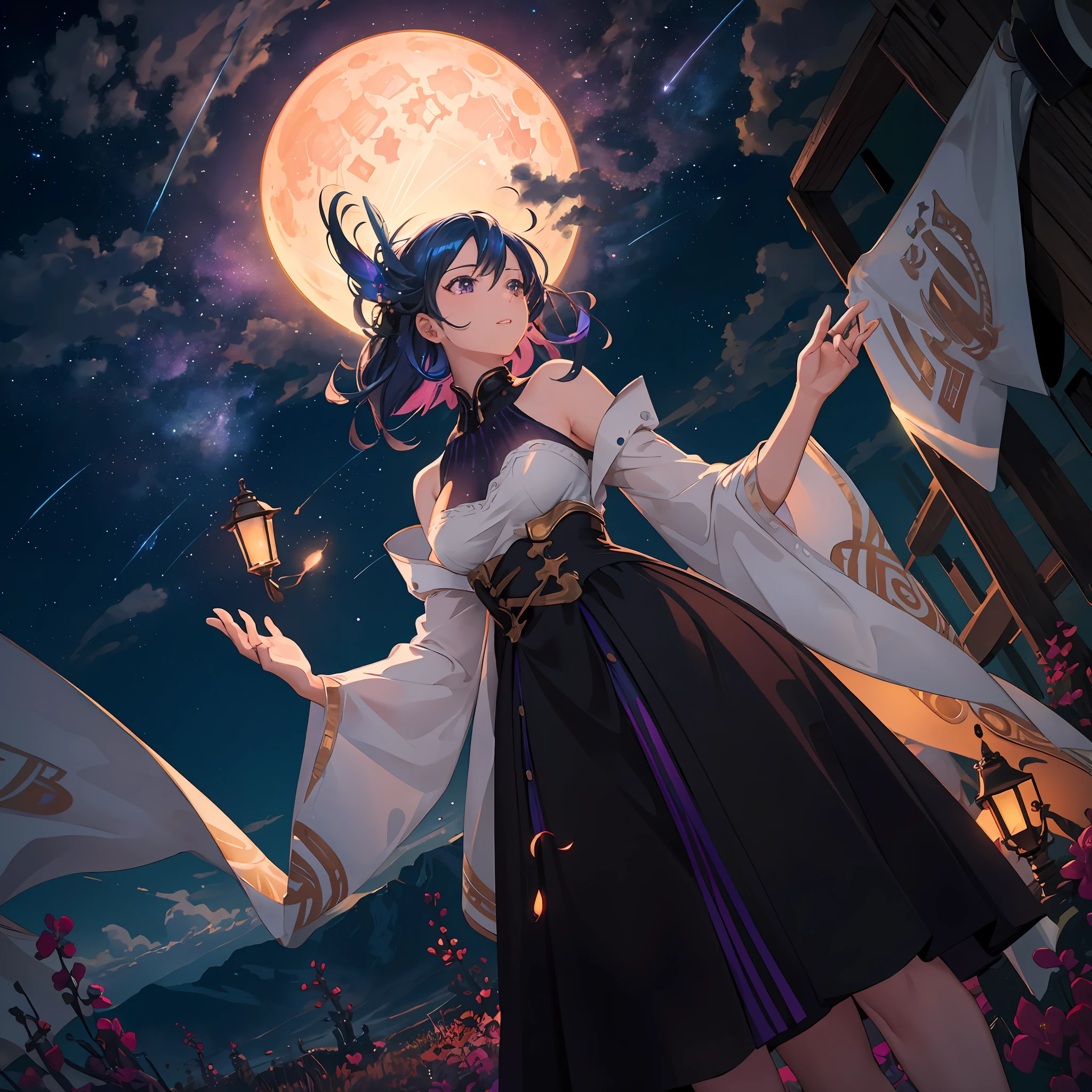 expansive landscape photograph , (a view from below that shows sky above and open field below), a girl standing on flower field looking up, (full moon:1.2), ( shooting stars:0.9), (nebula:1.3), distant mountain, tree BREAK
production art, (warm light source:1.2), (Firefly:1.2), lamp, lot of purple and orange, intricate details, volumetric lighting BREAK
(masterpiece:1.2), (best quality), 4k, ultra-detailed, (dynamic composition:1.4), highly detailed, colorful details,( iridescent colors:1.2), (glowing lighting, atmospheric lighting), dreamy, magical, (solo:1.2)