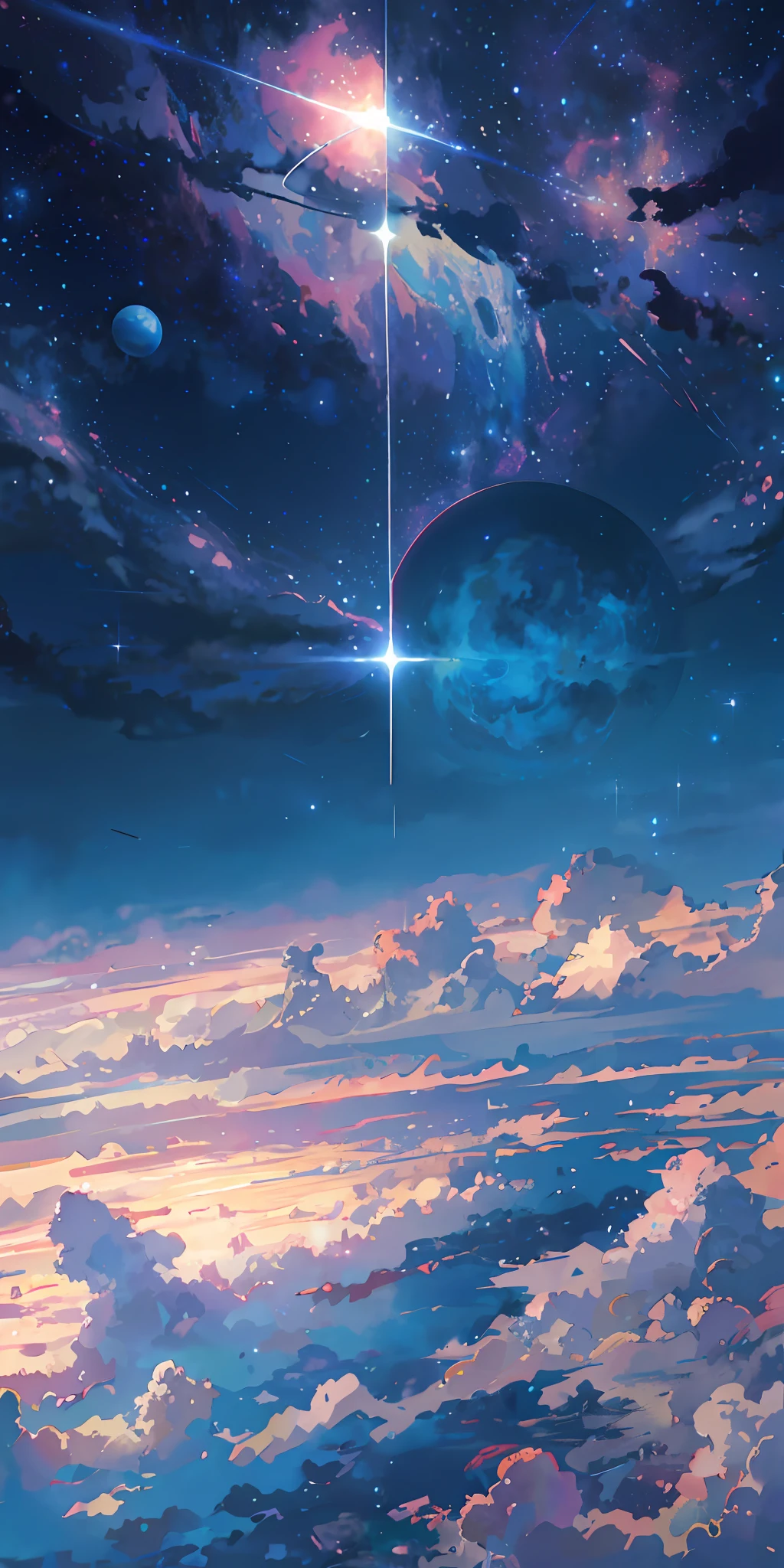 anime - style scene of a beautiful sky with a star and a planet, cosmic skies. by makoto shinkai, anime art wallpaper 4k, anime art wallpaper 4 k, anime art wallpaper 8 k, anime wallpaper 4k, anime wallpaper 4 k, 4k anime wallpaper, anime sky, amazing wallpaper, anime background, heaven planet in background, anime background art